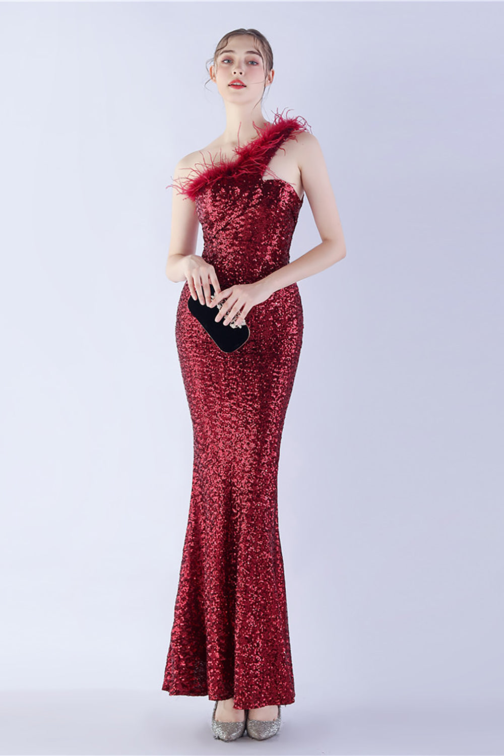 Metal One Shoulder Mermaid Sequin Formal Dress With Feather