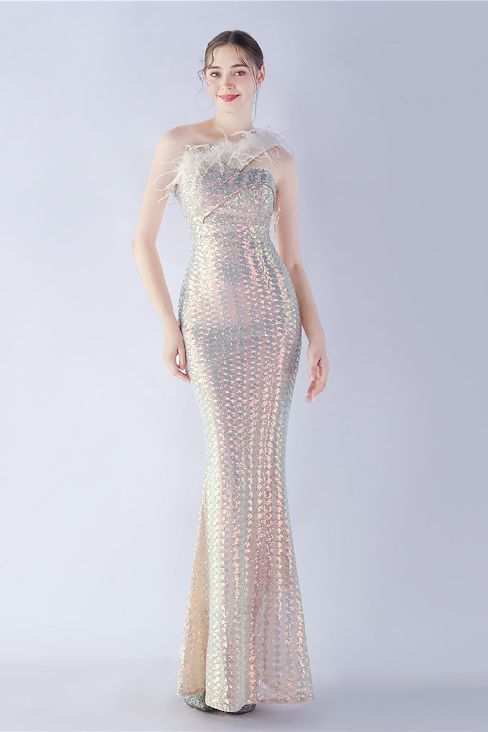 Metal One Shoulder Mermaid Sequin Formal Dress With Feather