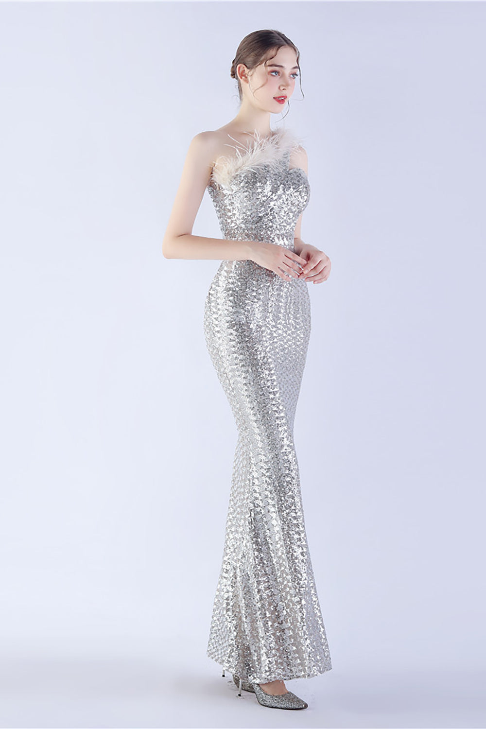 Metal One Shoulder Mermaid Sequin Formal Dress With Feather