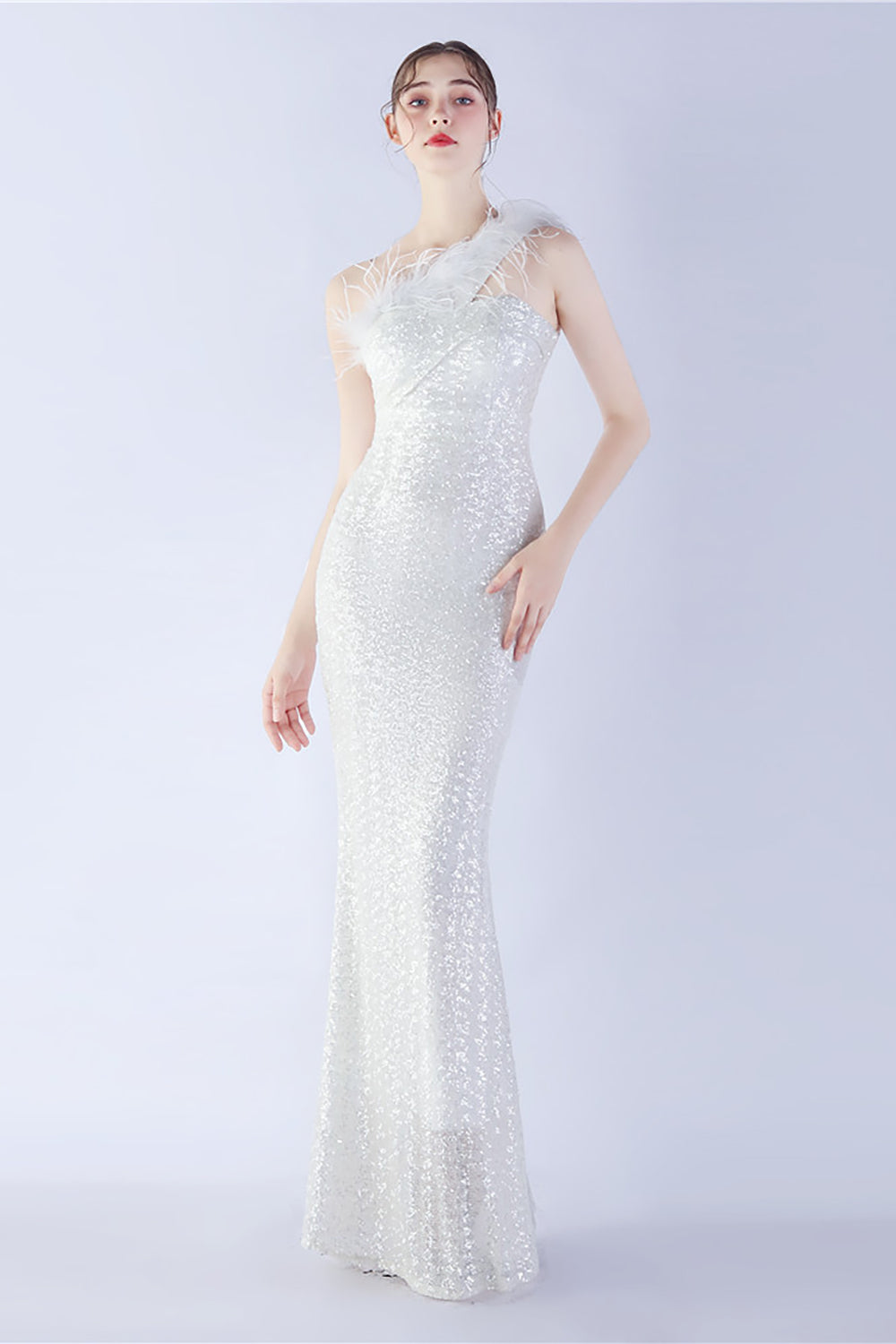 Metal One Shoulder Mermaid Sequin Formal Dress With Feather