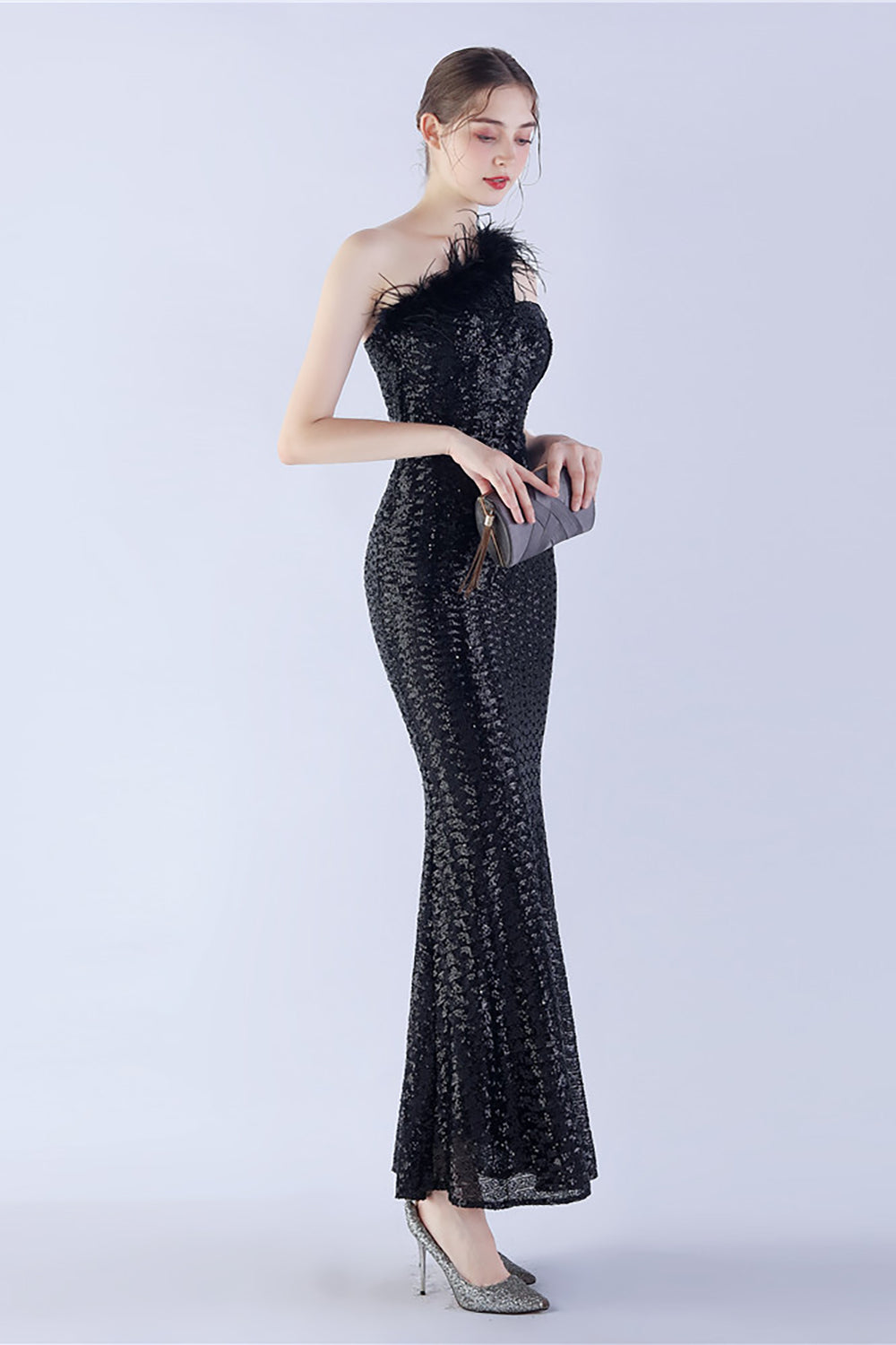Metal One Shoulder Mermaid Sequin Formal Dress With Feather