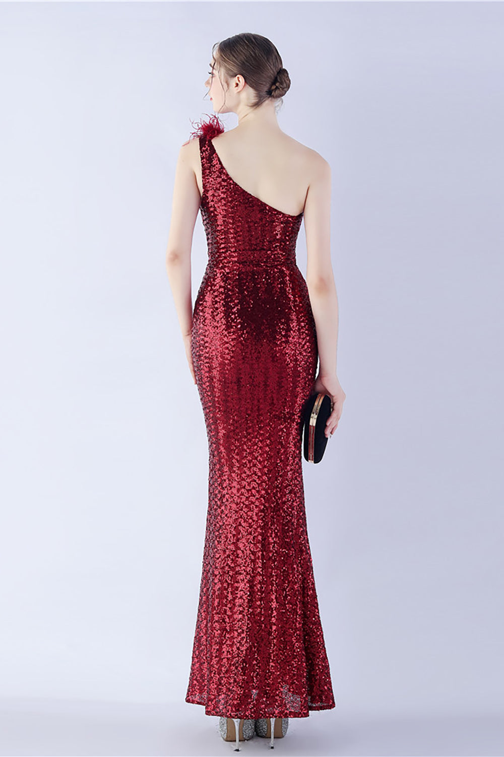 Metal One Shoulder Mermaid Sequin Formal Dress With Feather
