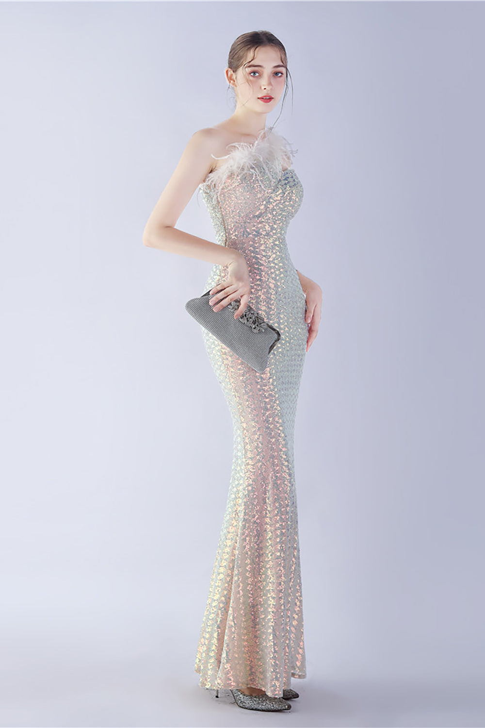Metal One Shoulder Mermaid Sequin Formal Dress With Feather