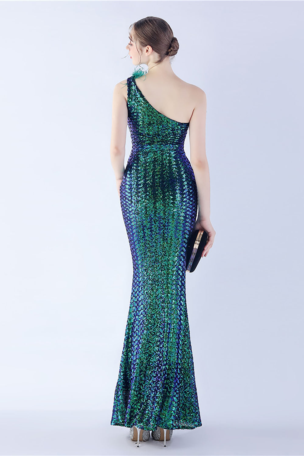Metal One Shoulder Mermaid Sequin Formal Dress With Feather