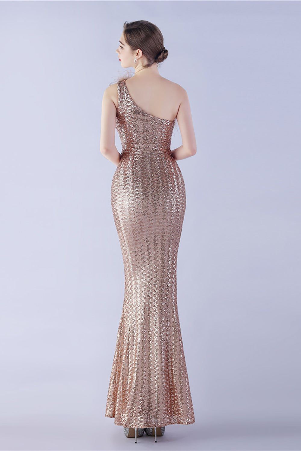 Metal One Shoulder Mermaid Sequin Formal Dress With Feather