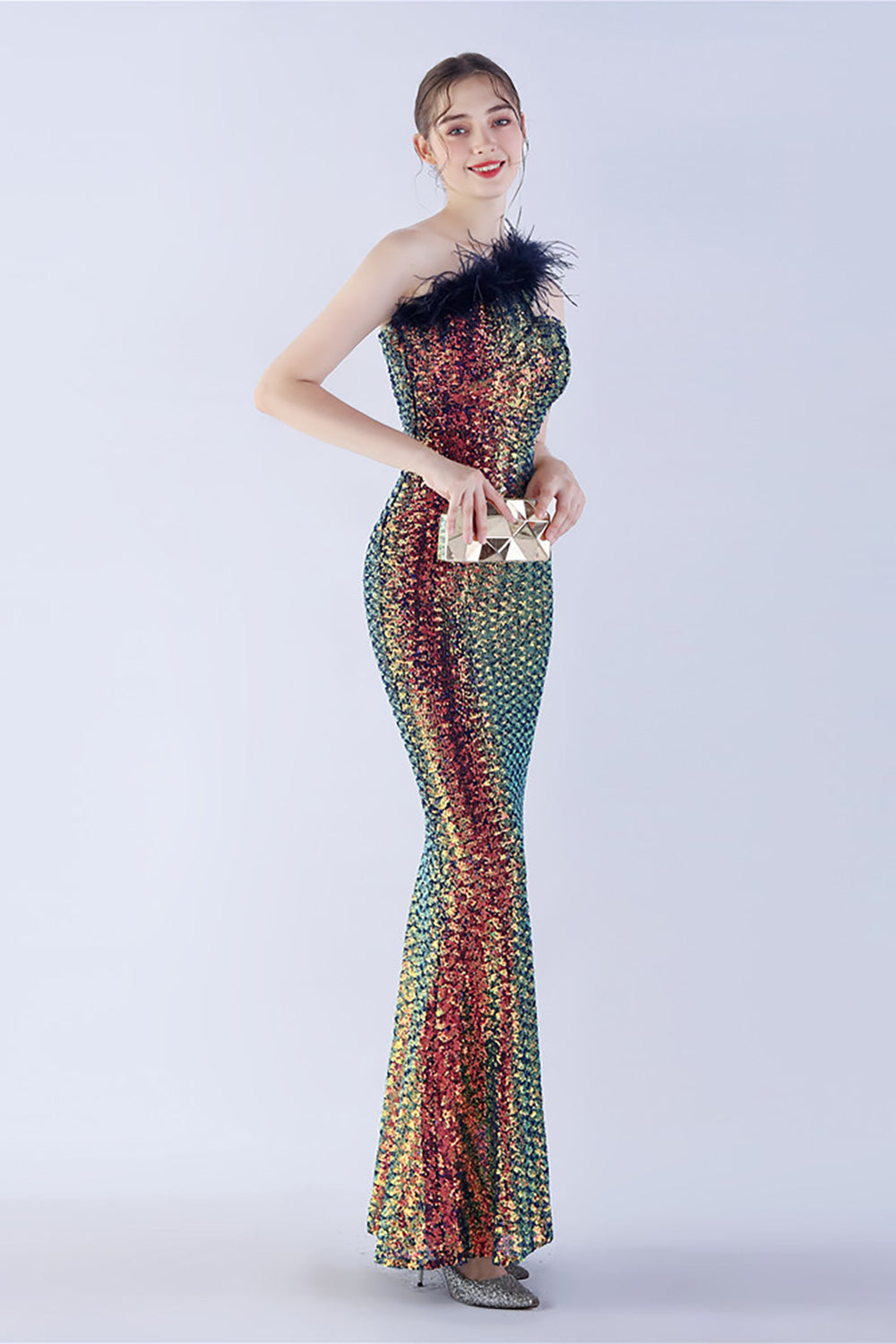Metal One Shoulder Mermaid Sequin Formal Dress With Feather