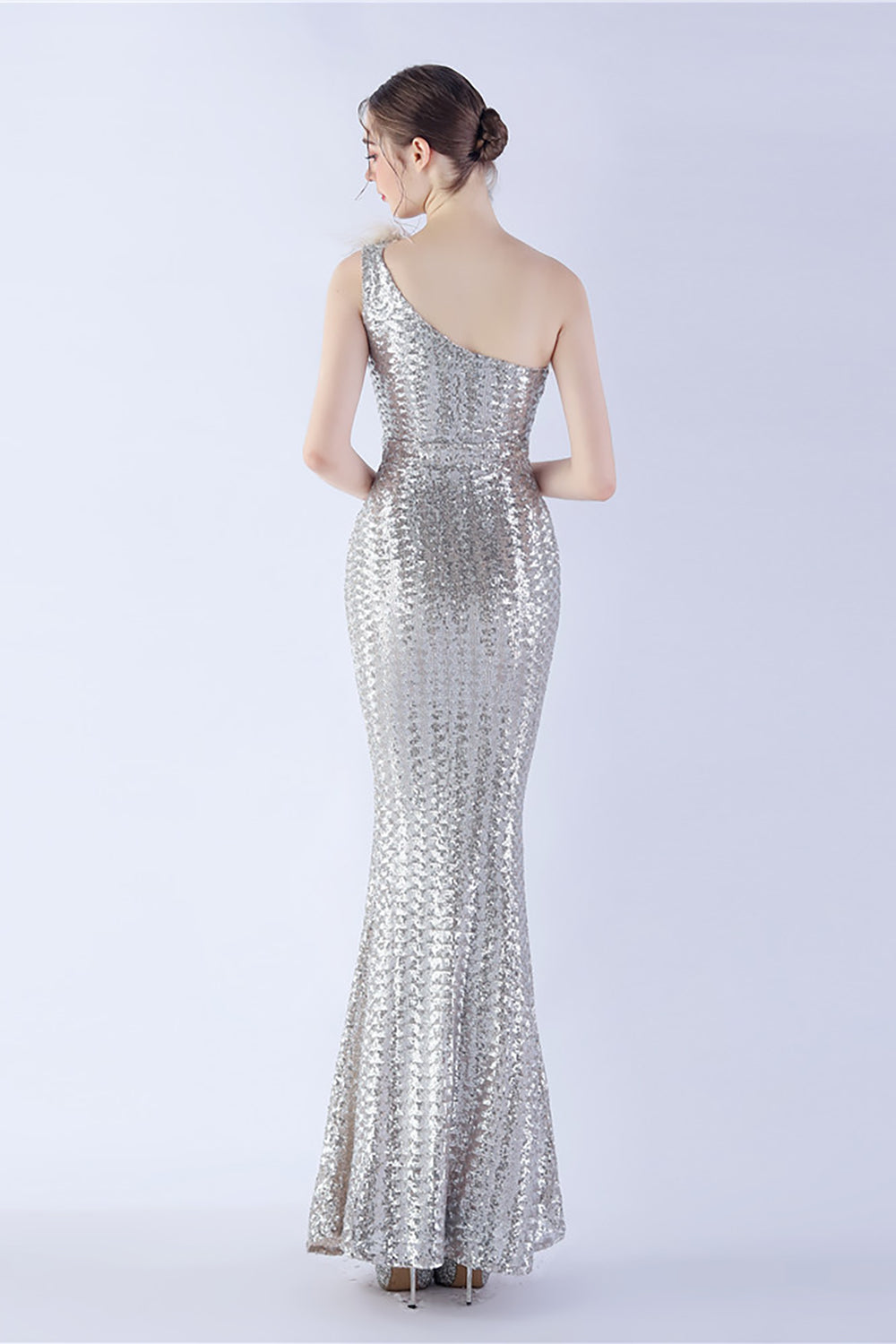 Metal One Shoulder Mermaid Sequin Formal Dress With Feather