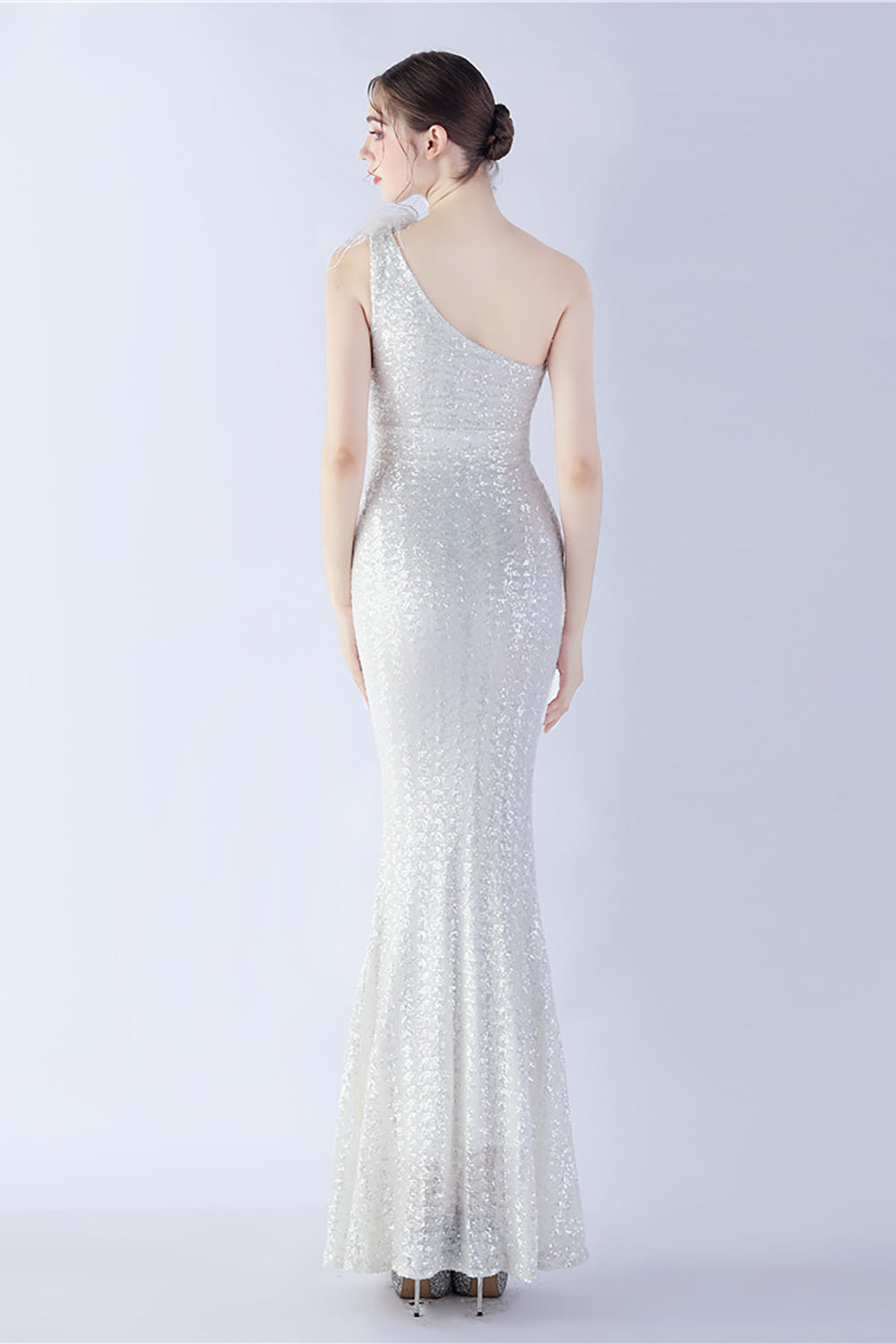 Metal One Shoulder Mermaid Sequin Formal Dress With Feather