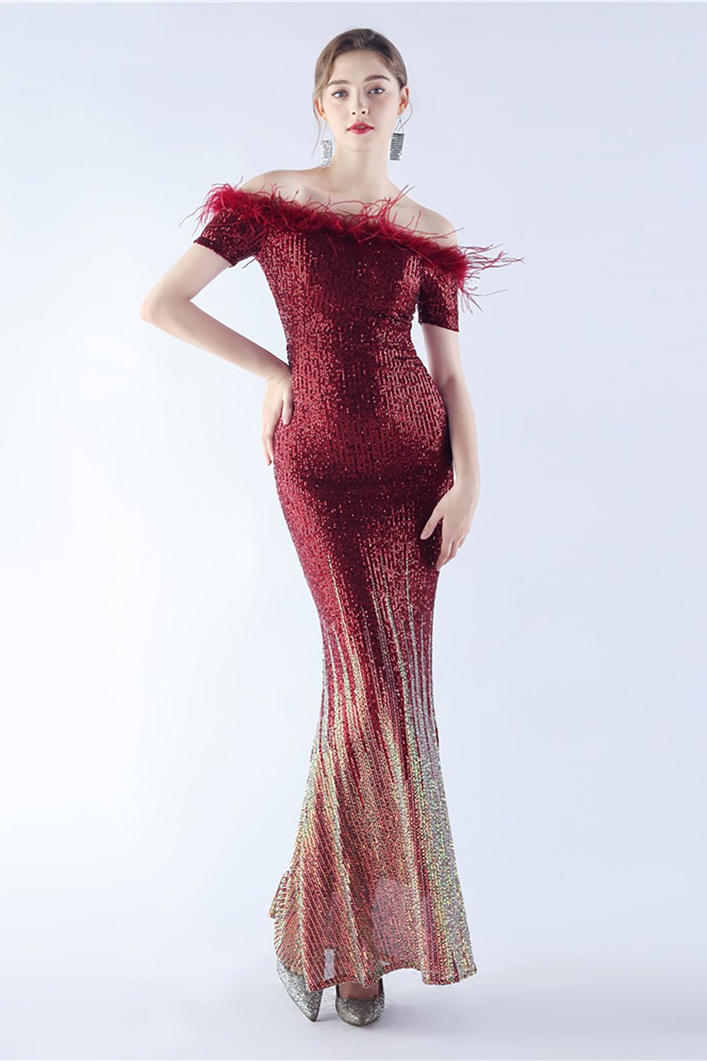 Dark Green Off the Shoulder Mermaid Sequin Formal Dress With Feather