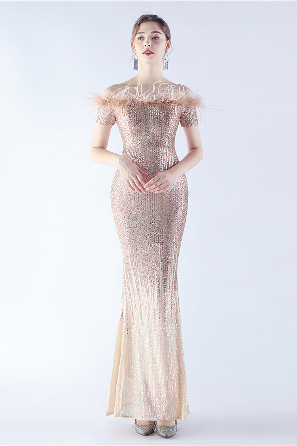 Dark Green Off the Shoulder Mermaid Sequin Formal Dress With Feather