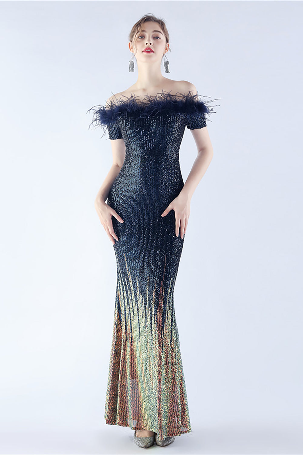 Dark Green Off the Shoulder Mermaid Sequin Formal Dress With Feather