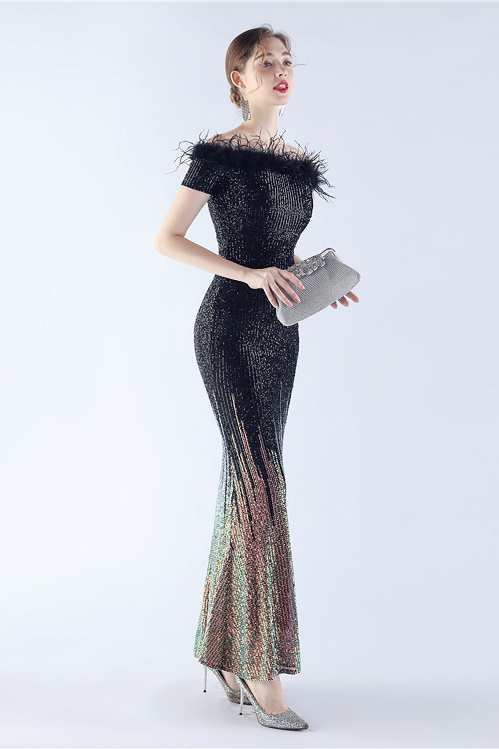 Dark Green Off the Shoulder Mermaid Sequin Formal Dress With Feather