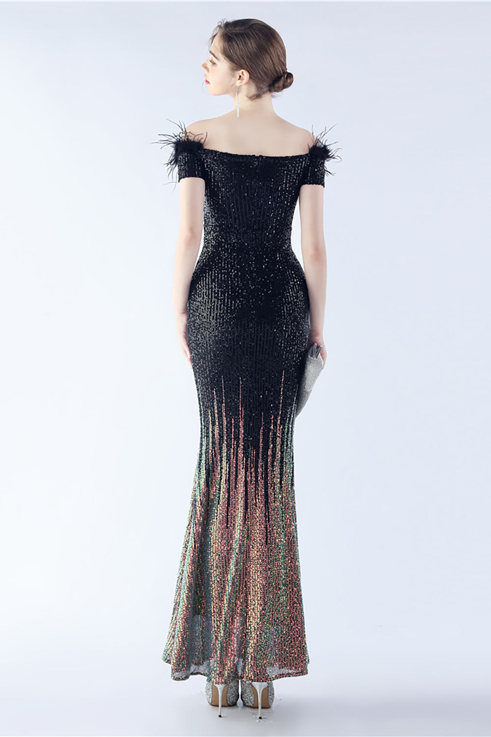 Dark Green Off the Shoulder Mermaid Sequin Formal Dress With Feather