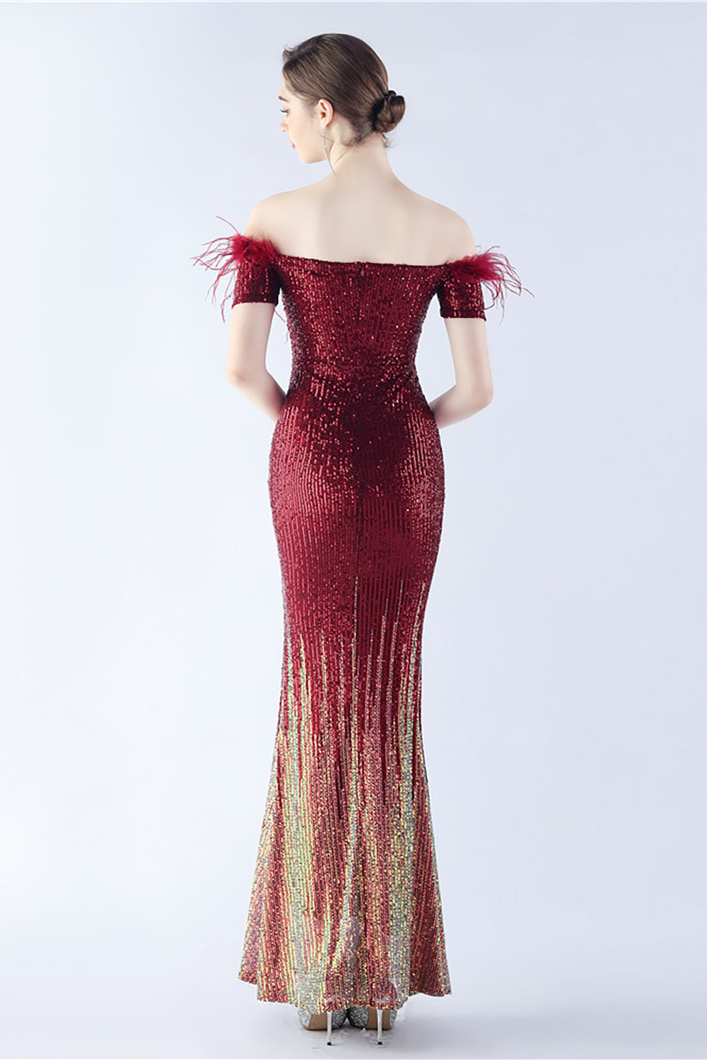 Dark Green Off the Shoulder Mermaid Sequin Formal Dress With Feather