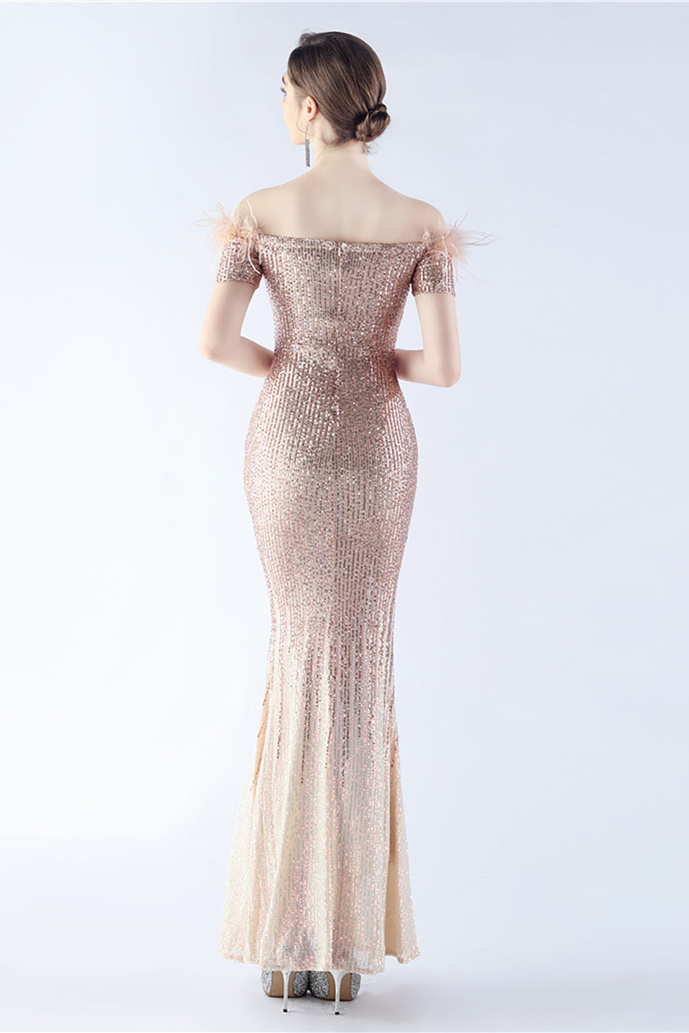 Dark Green Off the Shoulder Mermaid Sequin Formal Dress With Feather