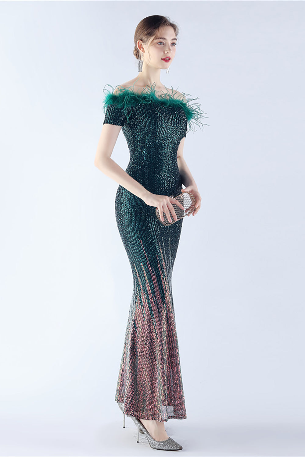 Dark Green Off the Shoulder Mermaid Sequin Formal Dress With Feather