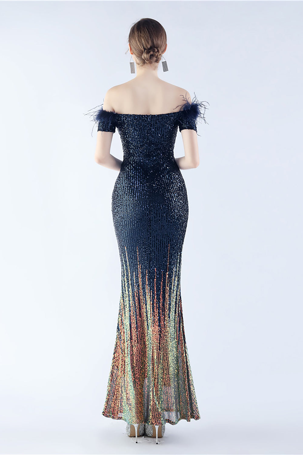 Dark Green Off the Shoulder Mermaid Sequin Formal Dress With Feather