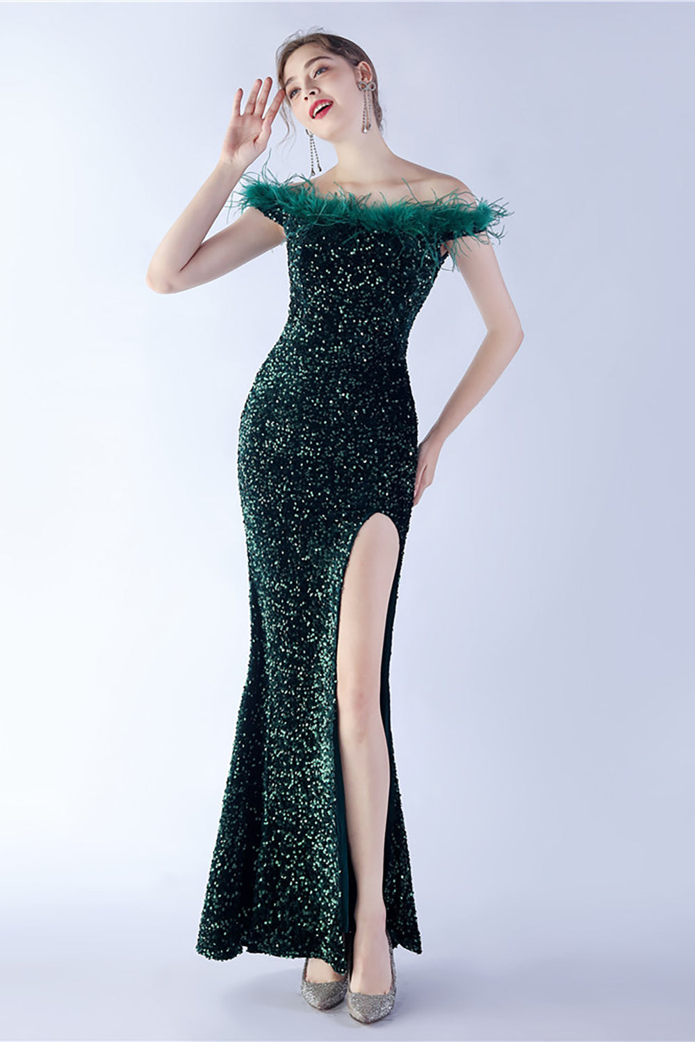 Black Bodycon Off The Shoulder Sequins Long Evening Dress with Ostrich Feather