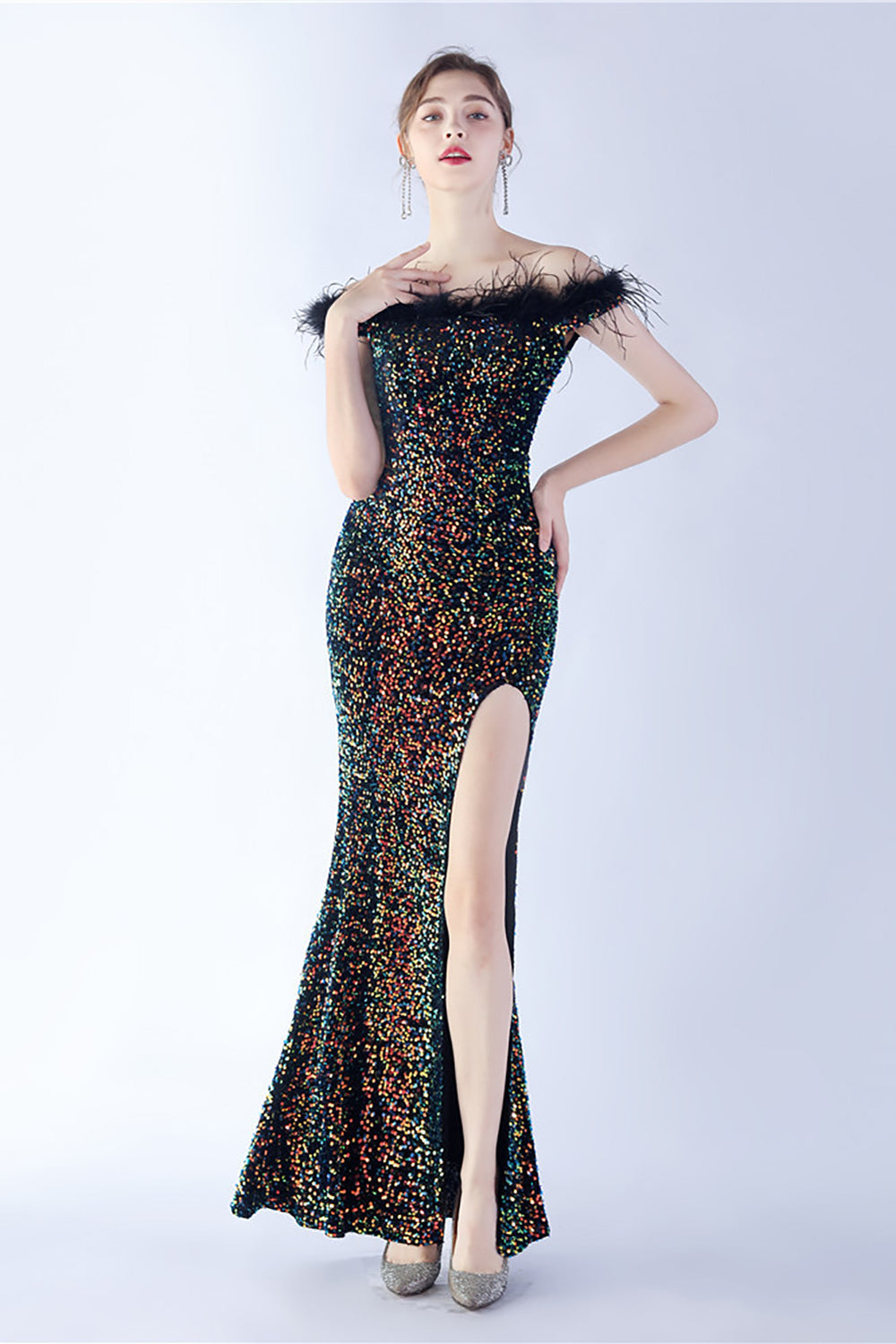Black Bodycon Off The Shoulder Sequins Long Evening Dress with Ostrich Feather