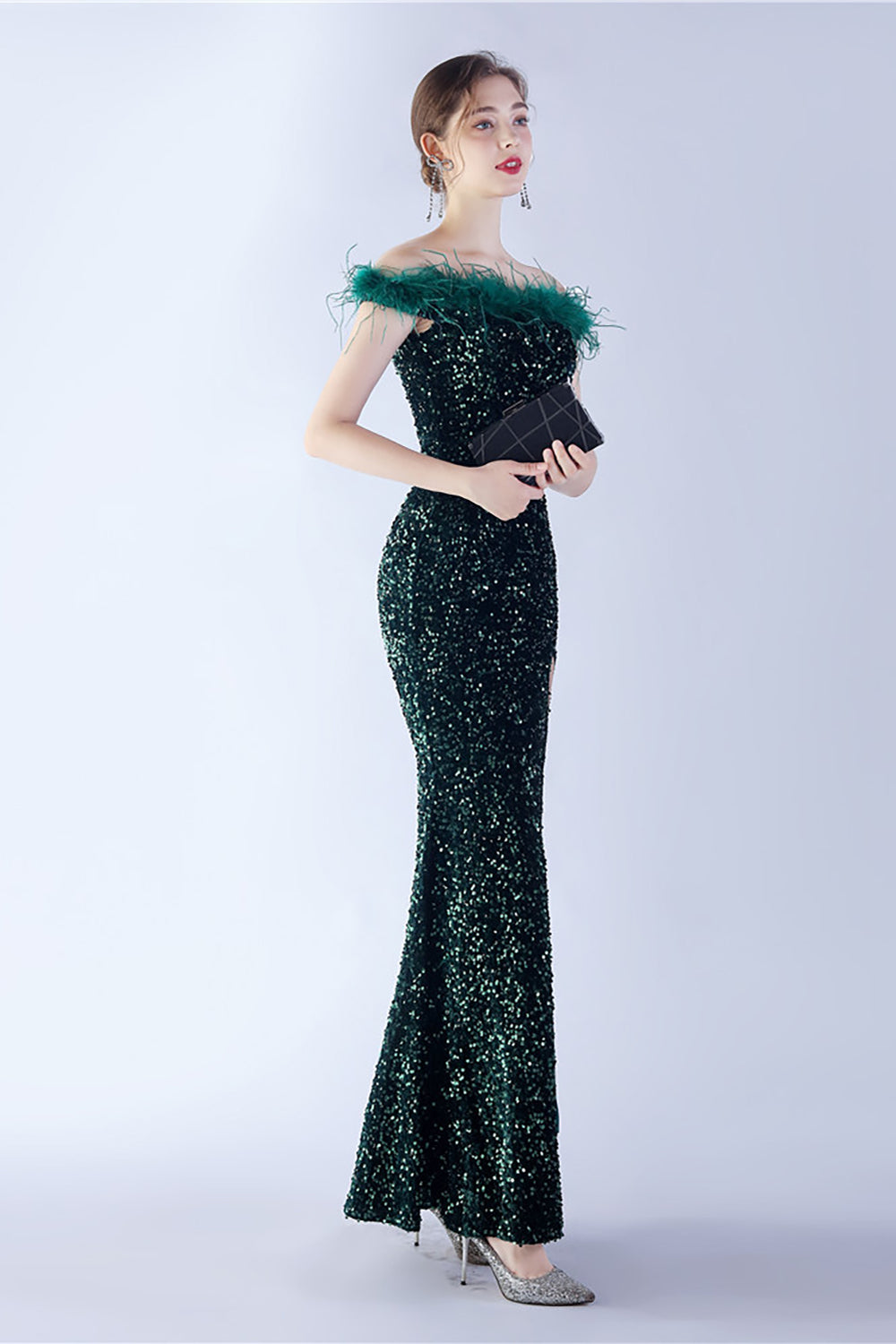 Black Bodycon Off The Shoulder Sequins Long Evening Dress with Ostrich Feather