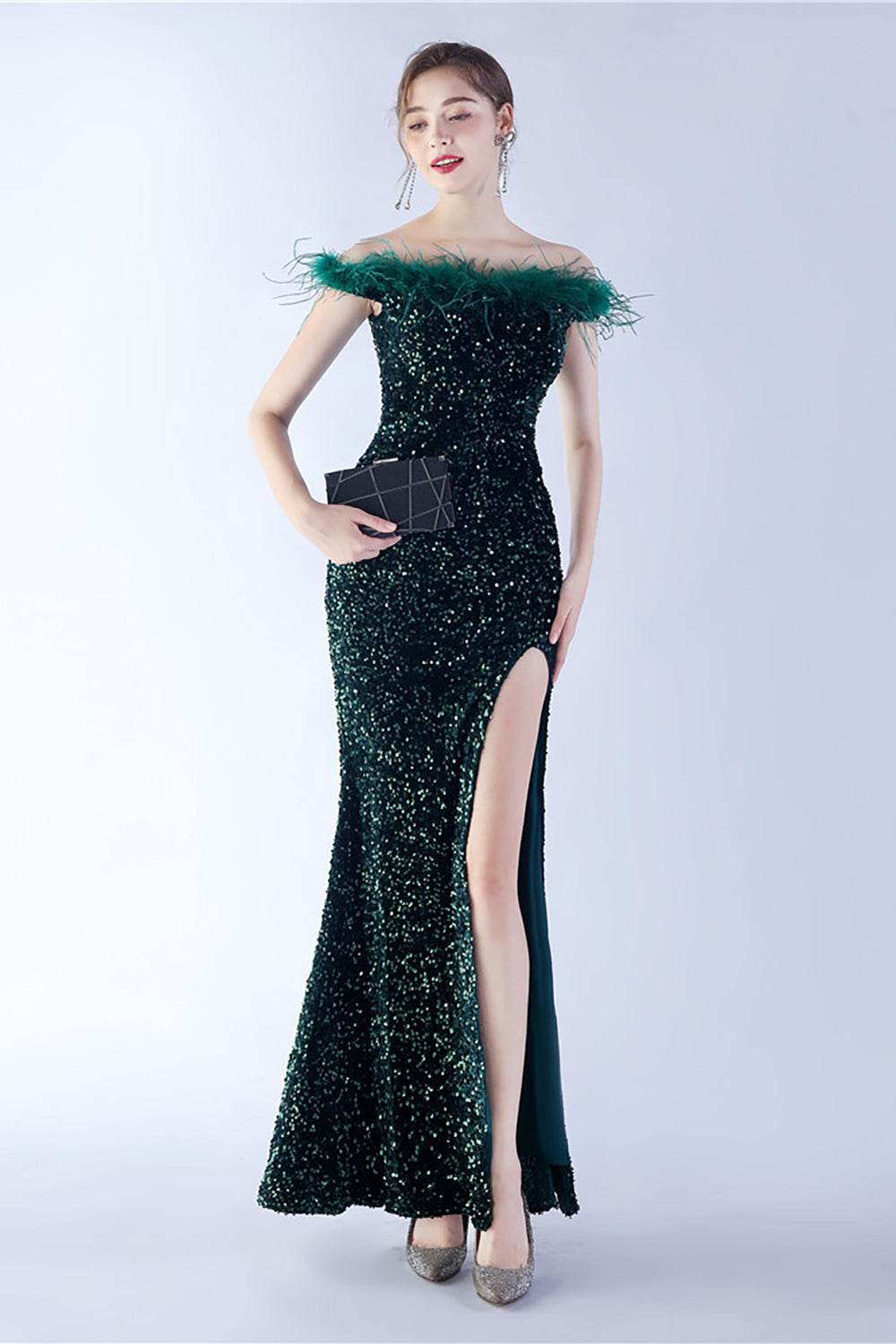 Black Bodycon Off The Shoulder Sequins Long Evening Dress with Ostrich Feather