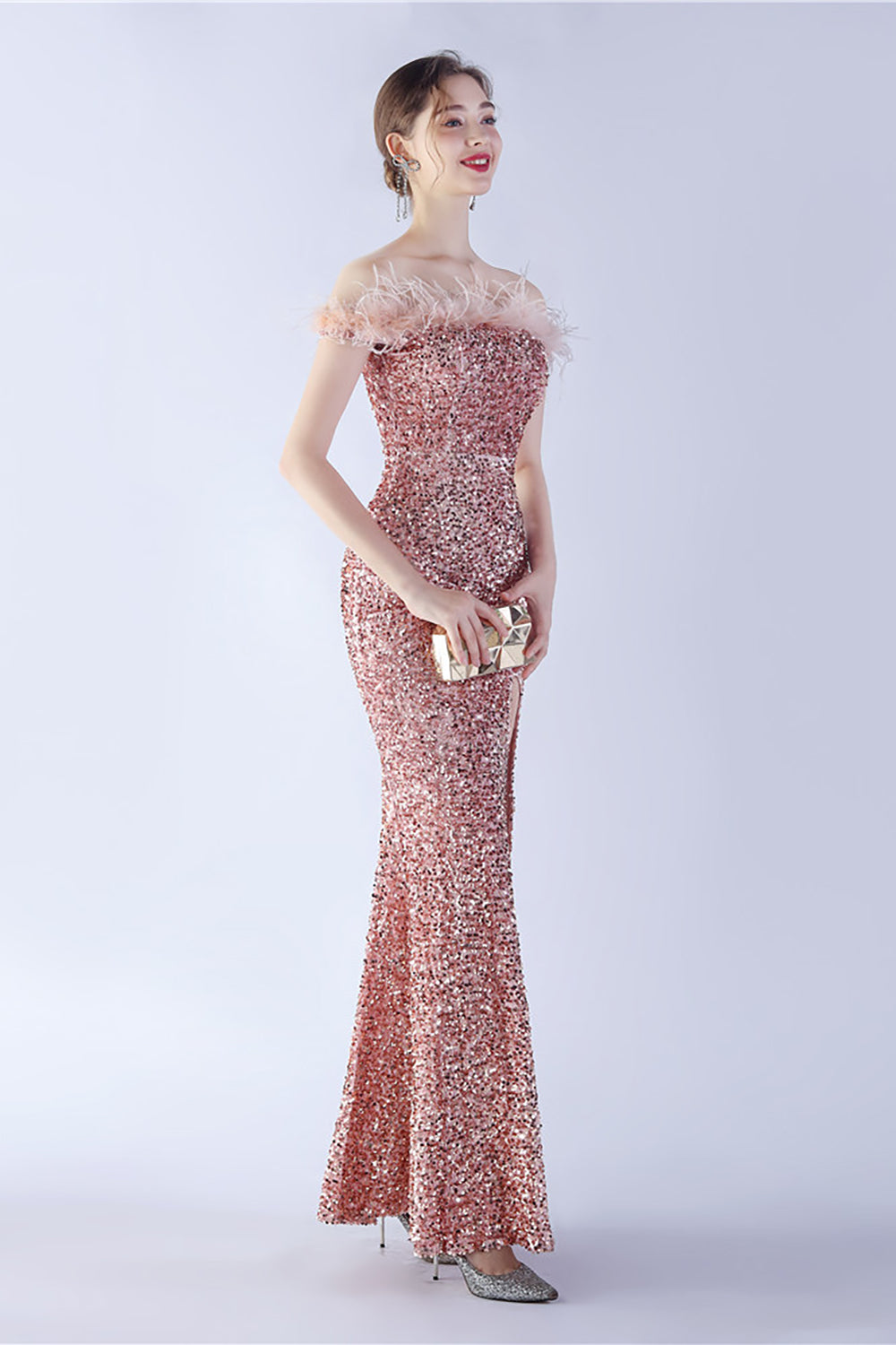 Black Bodycon Off The Shoulder Sequins Long Evening Dress with Ostrich Feather