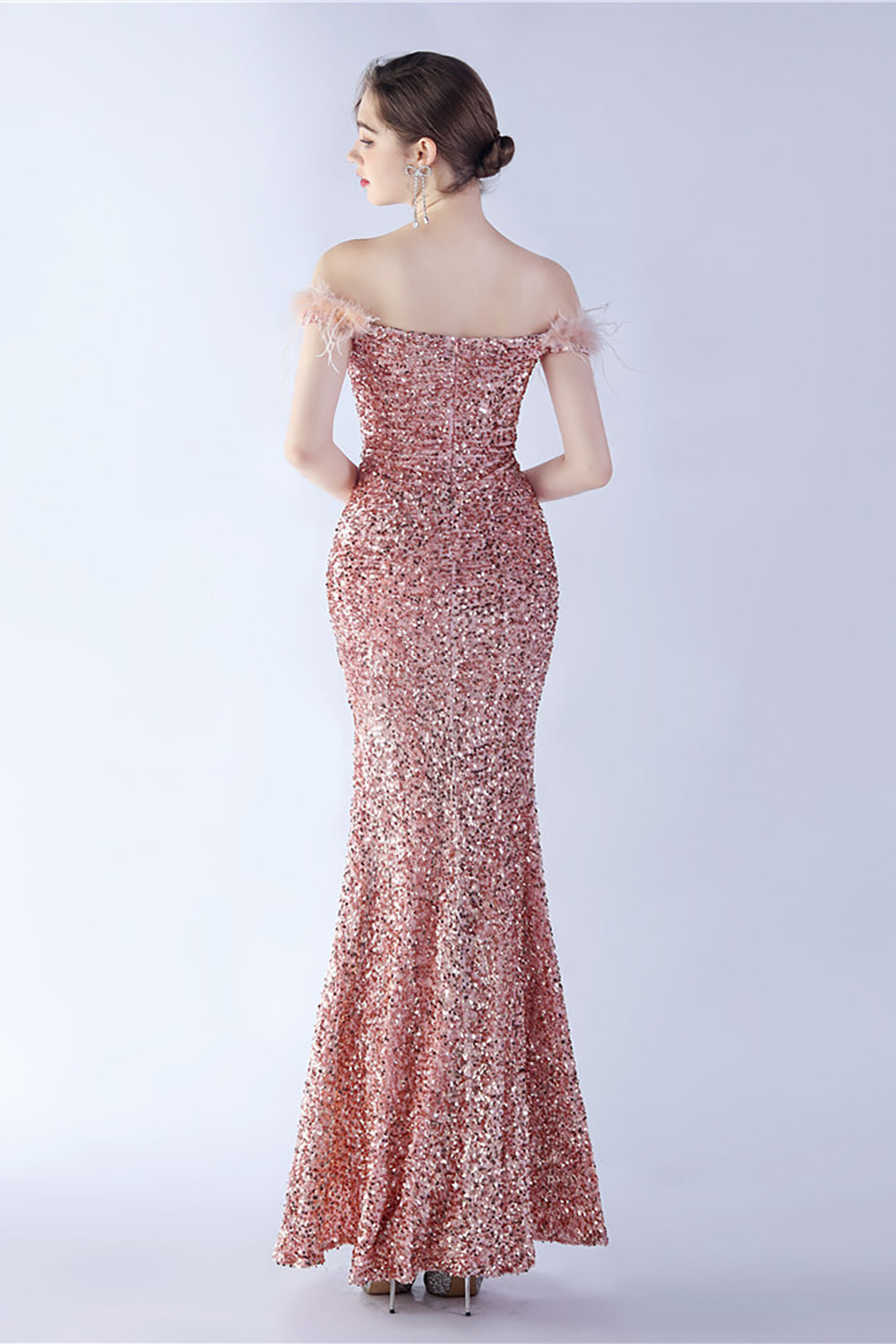 Black Bodycon Off The Shoulder Sequins Long Evening Dress with Ostrich Feather