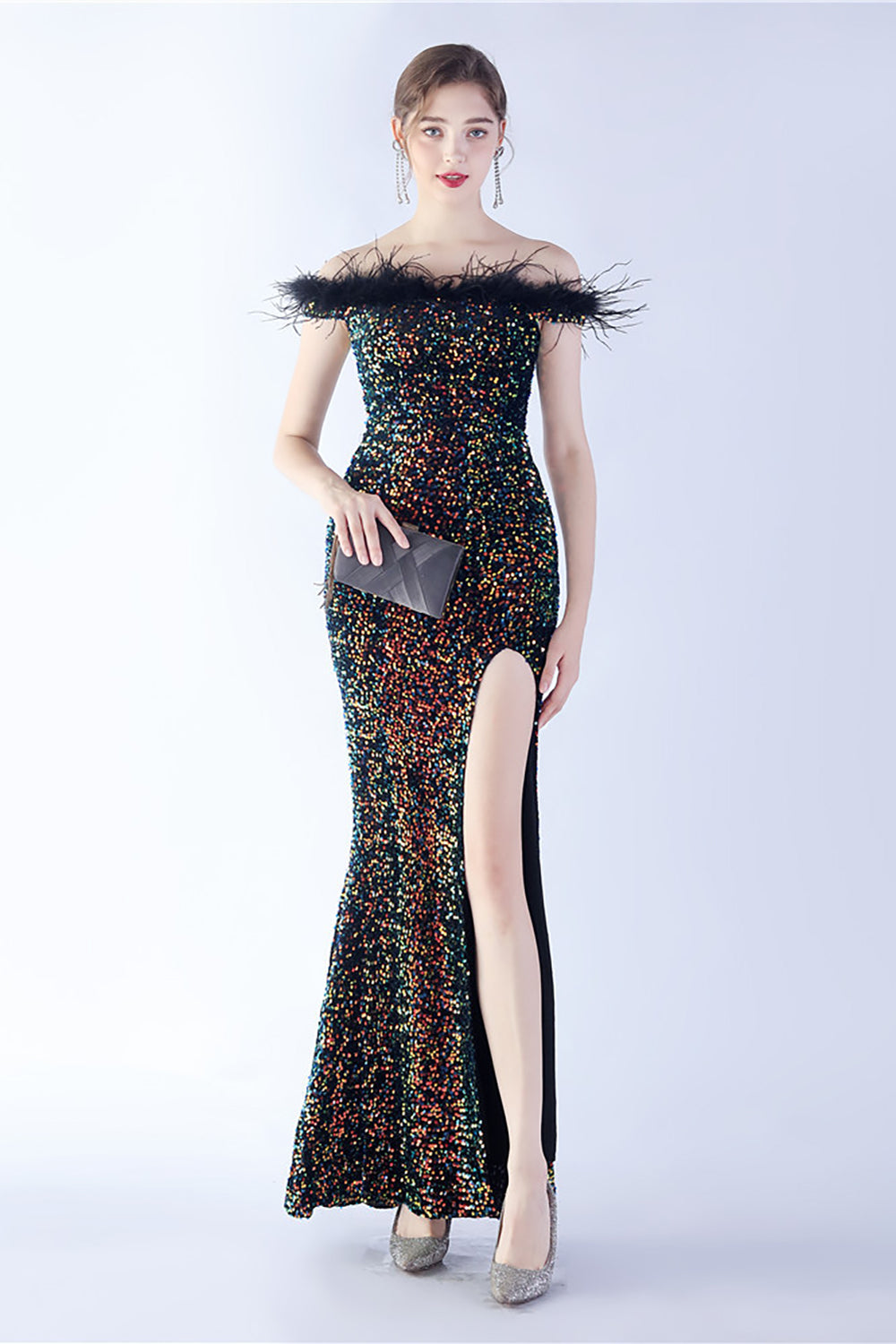 Black Bodycon Off The Shoulder Sequins Long Evening Dress with Ostrich Feather