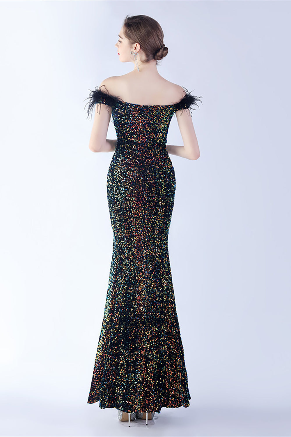 Black Bodycon Off The Shoulder Sequins Long Evening Dress with Ostrich Feather