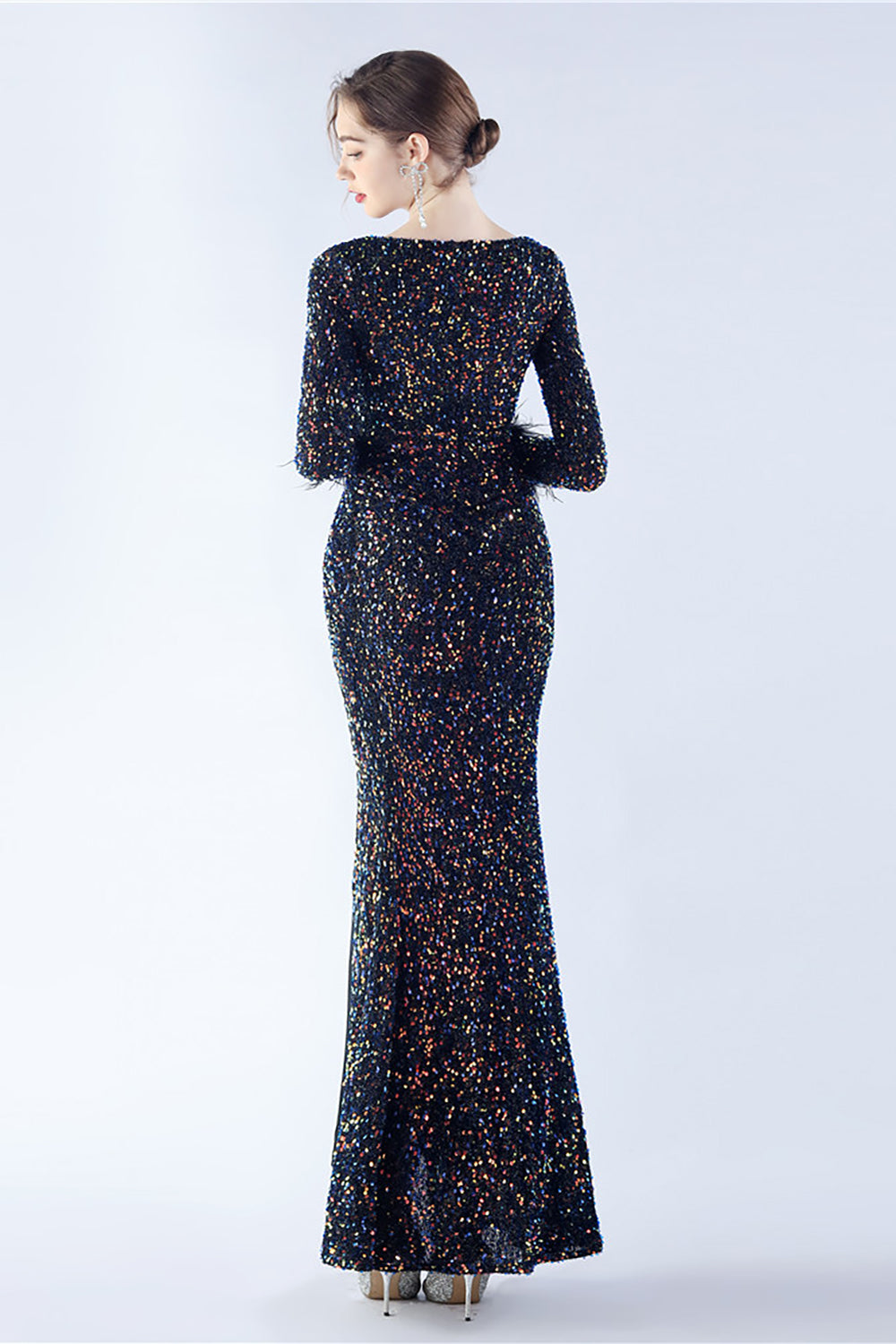 Black Mermaid Sequin Feather Long-Sleeve Evening Dress With Slit