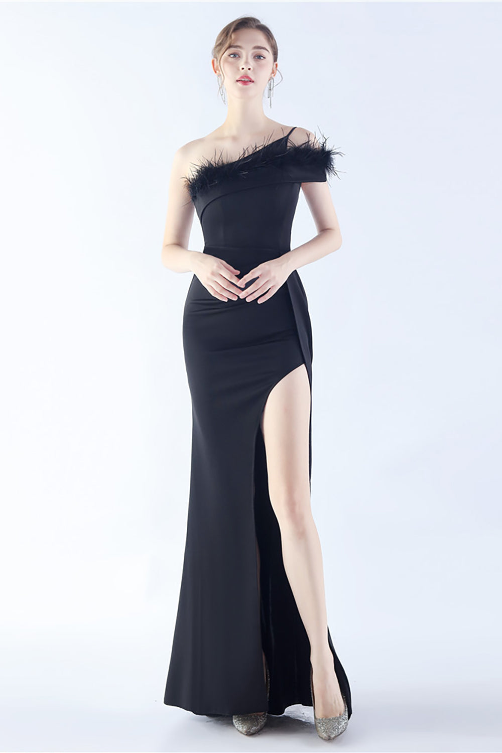 Burgundy One Shoulder Sheath Crepe Formal Dress with Feather