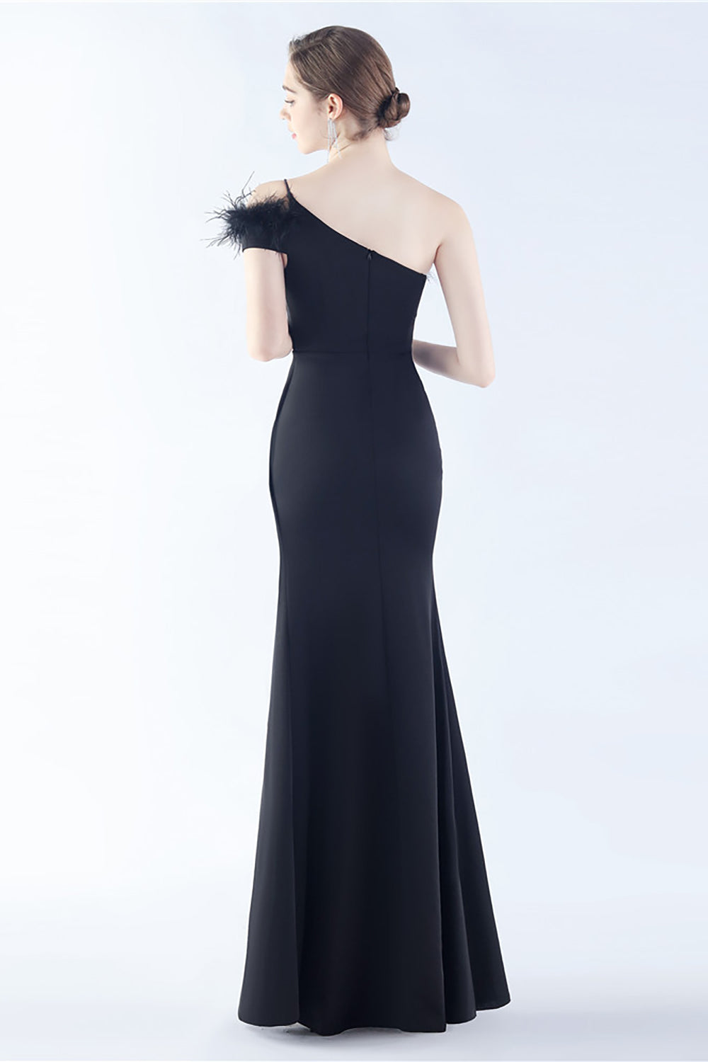Burgundy One Shoulder Sheath Crepe Formal Dress with Feather