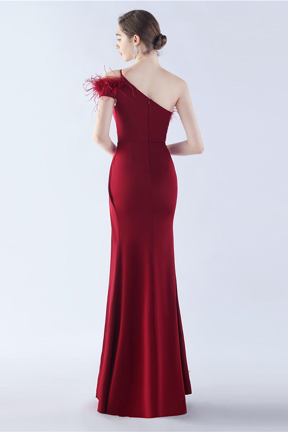 Burgundy One Shoulder Sheath Crepe Formal Dress with Feather