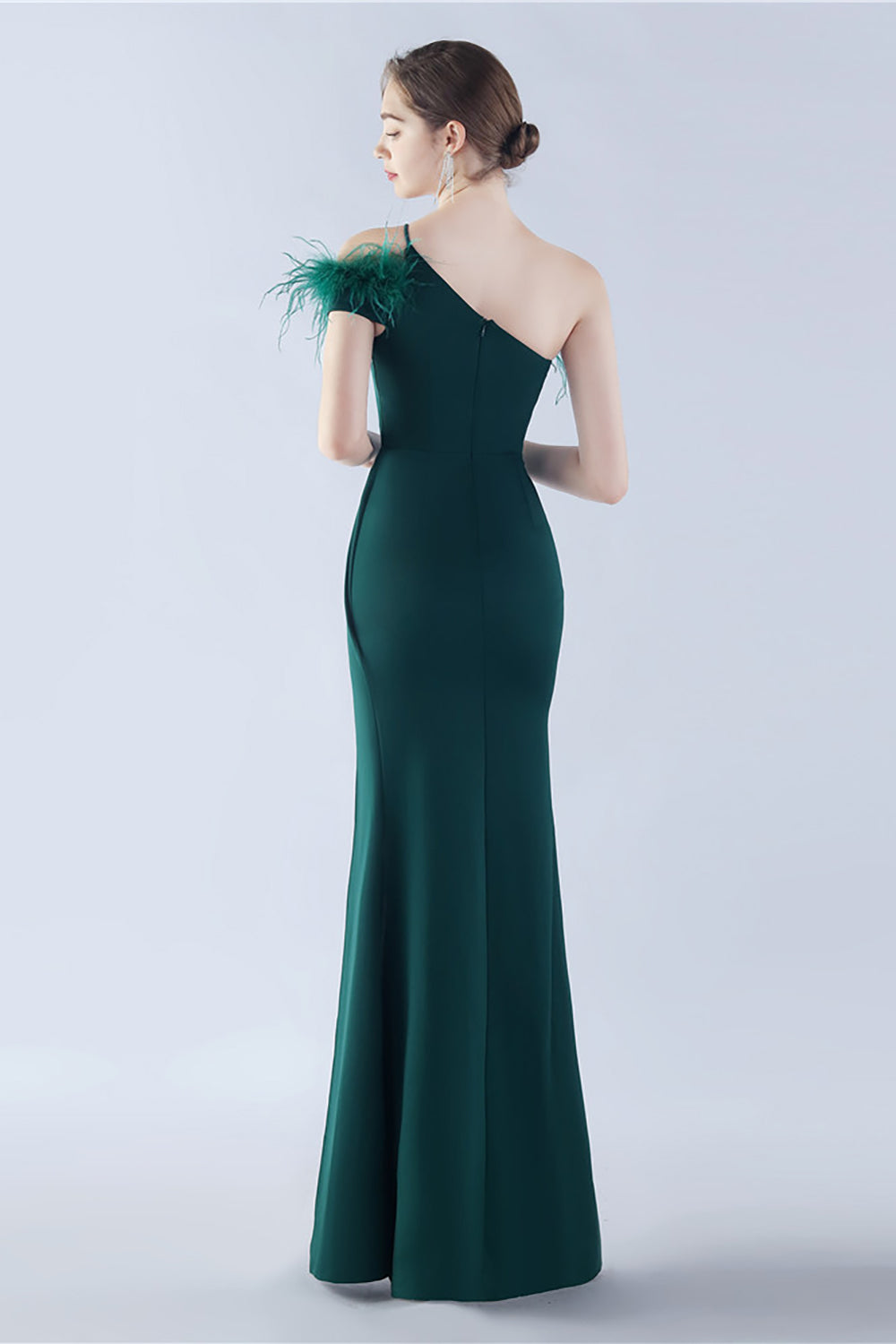Burgundy One Shoulder Sheath Crepe Formal Dress with Feather