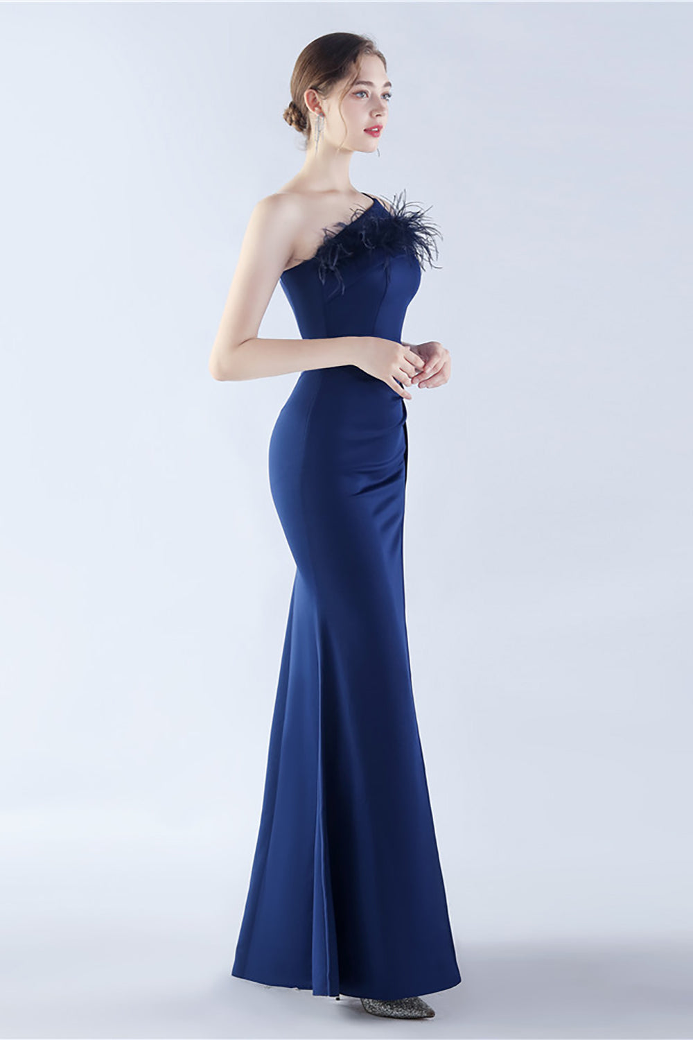 Burgundy One Shoulder Sheath Crepe Formal Dress with Feather
