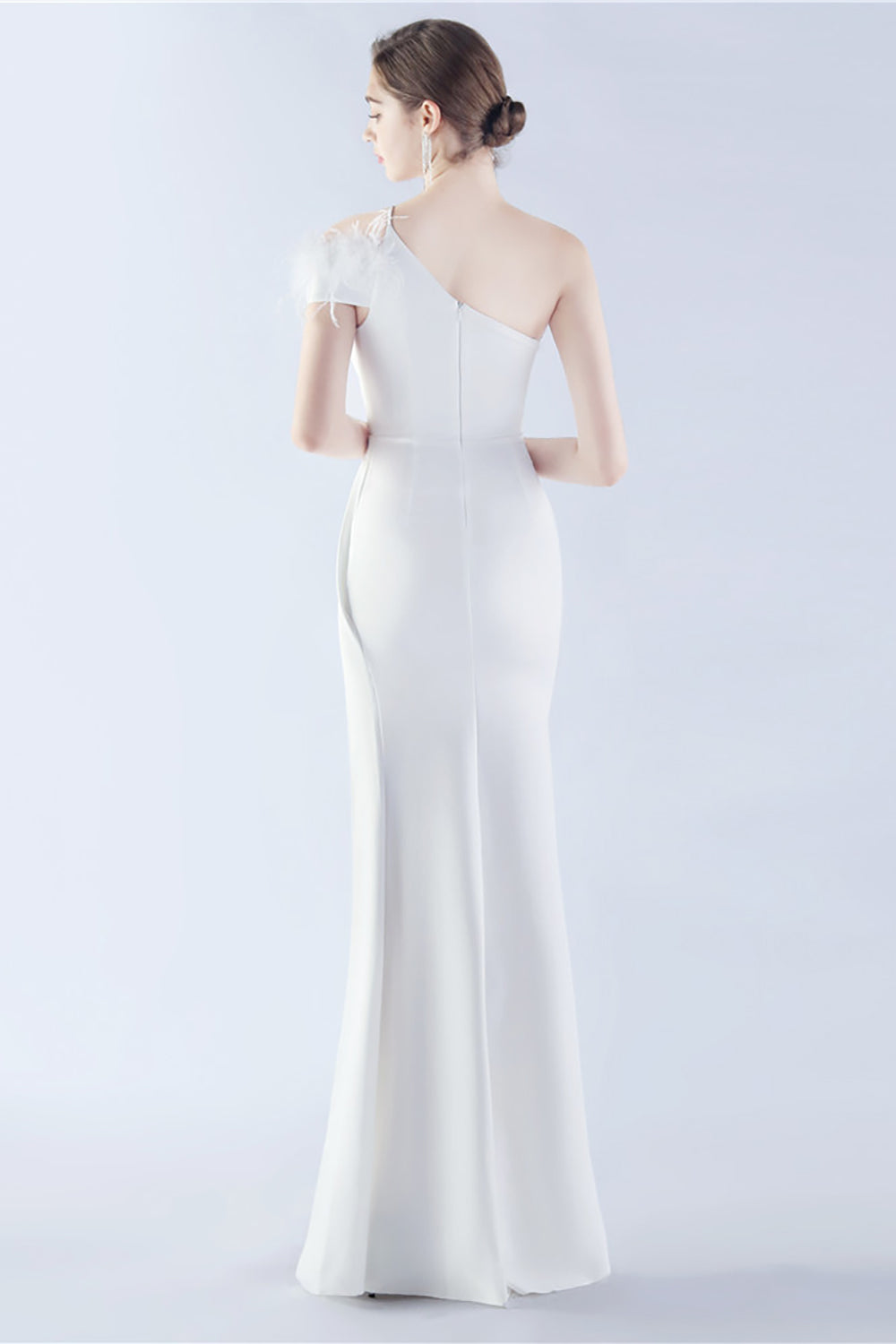 Burgundy One Shoulder Sheath Crepe Formal Dress with Feather