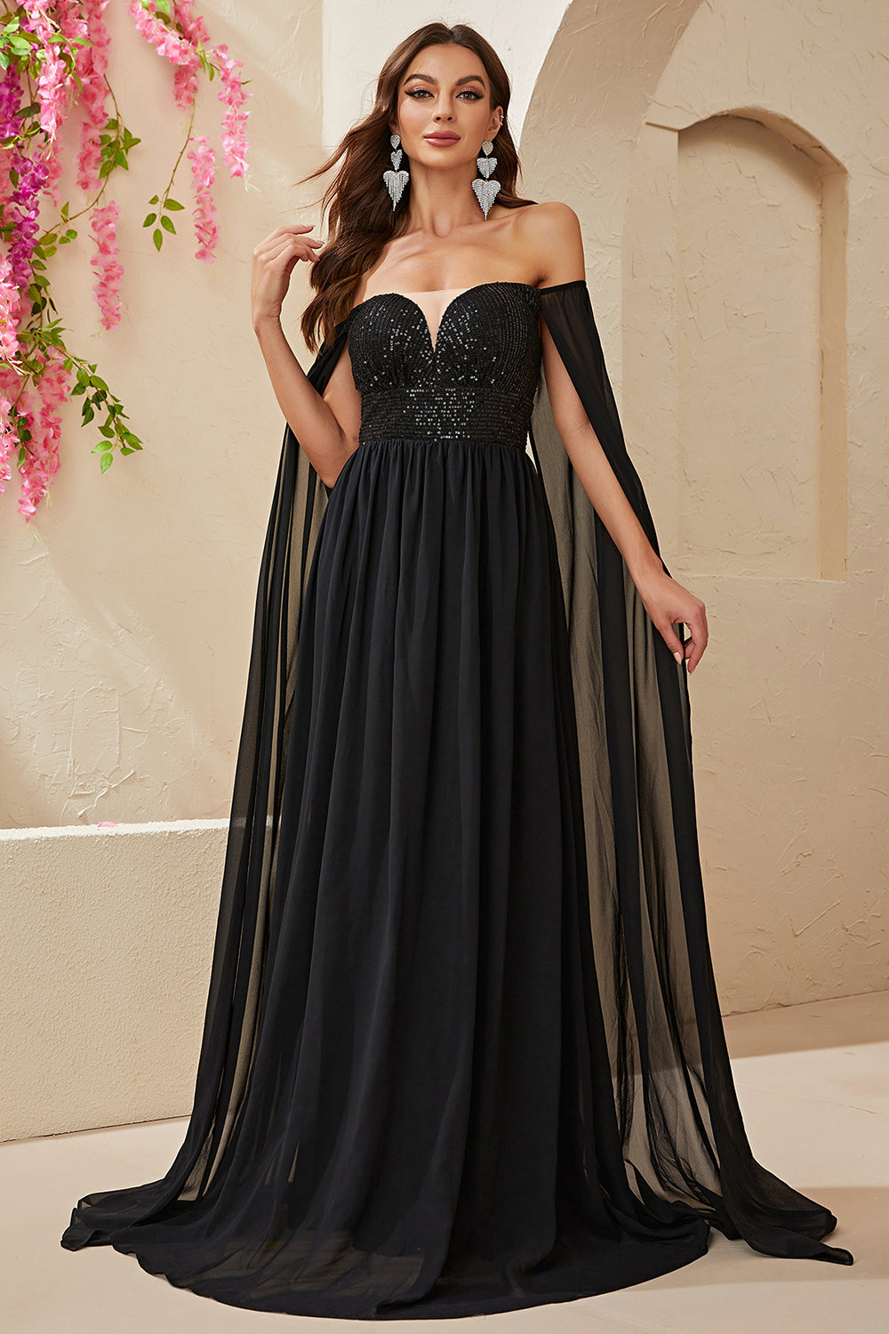 Black A-line Off The Shoulder Chiffon Long Prom Dress