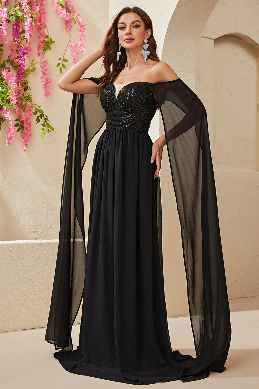 Black A-line Off The Shoulder Chiffon Long Prom Dress