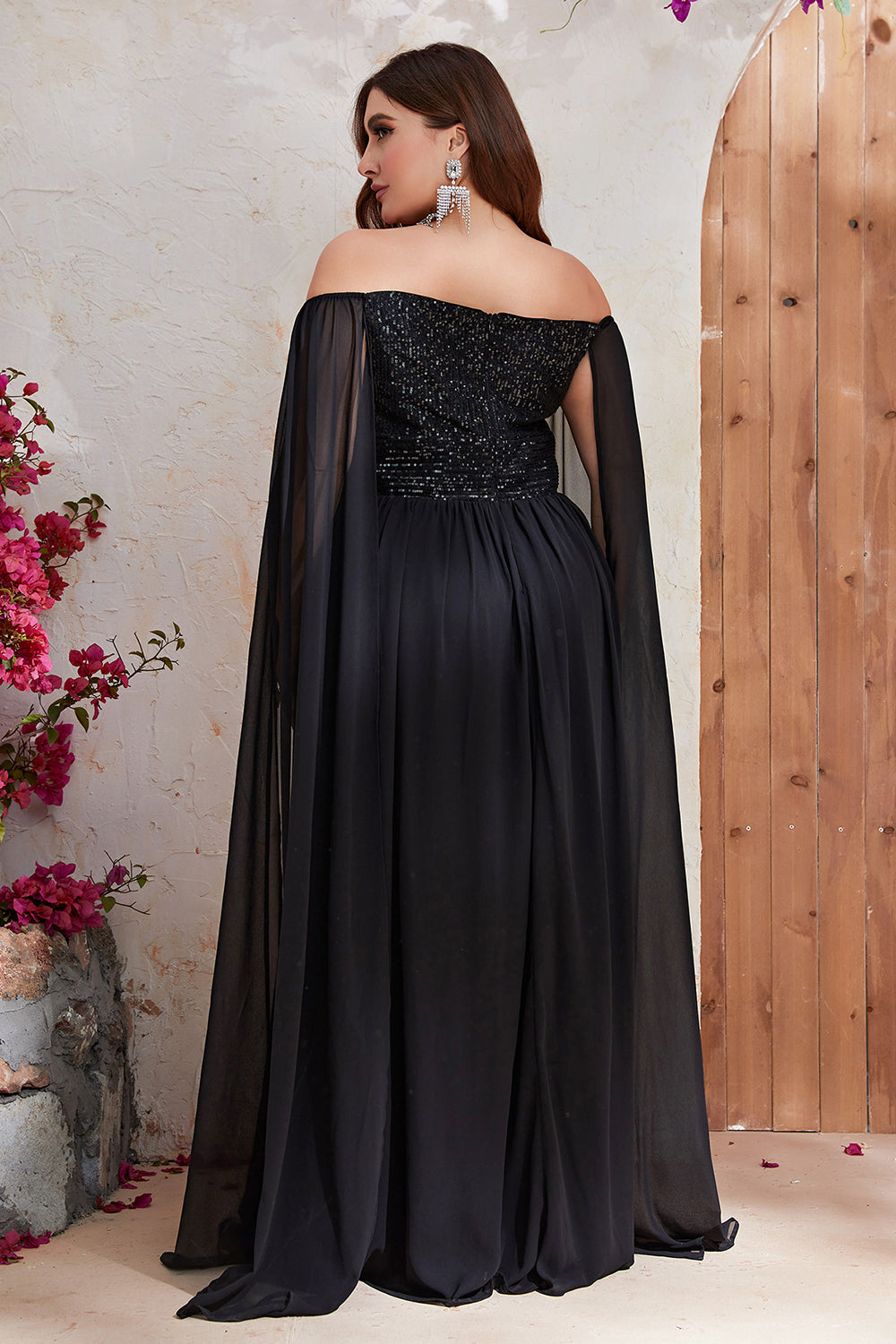 Black A-line Off The Shoulder Chiffon Long Prom Dress