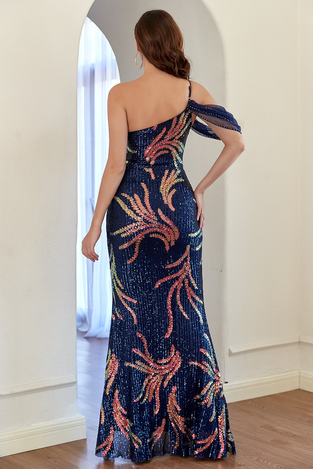 Navy One Shoulder Sequins Prom Dress with Slit - Fashionpara