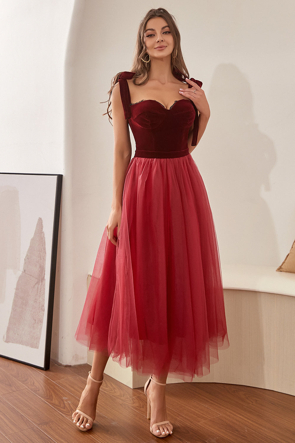 Burgundy Tulle Homecoming Dress with Bowknot - Fashionpara