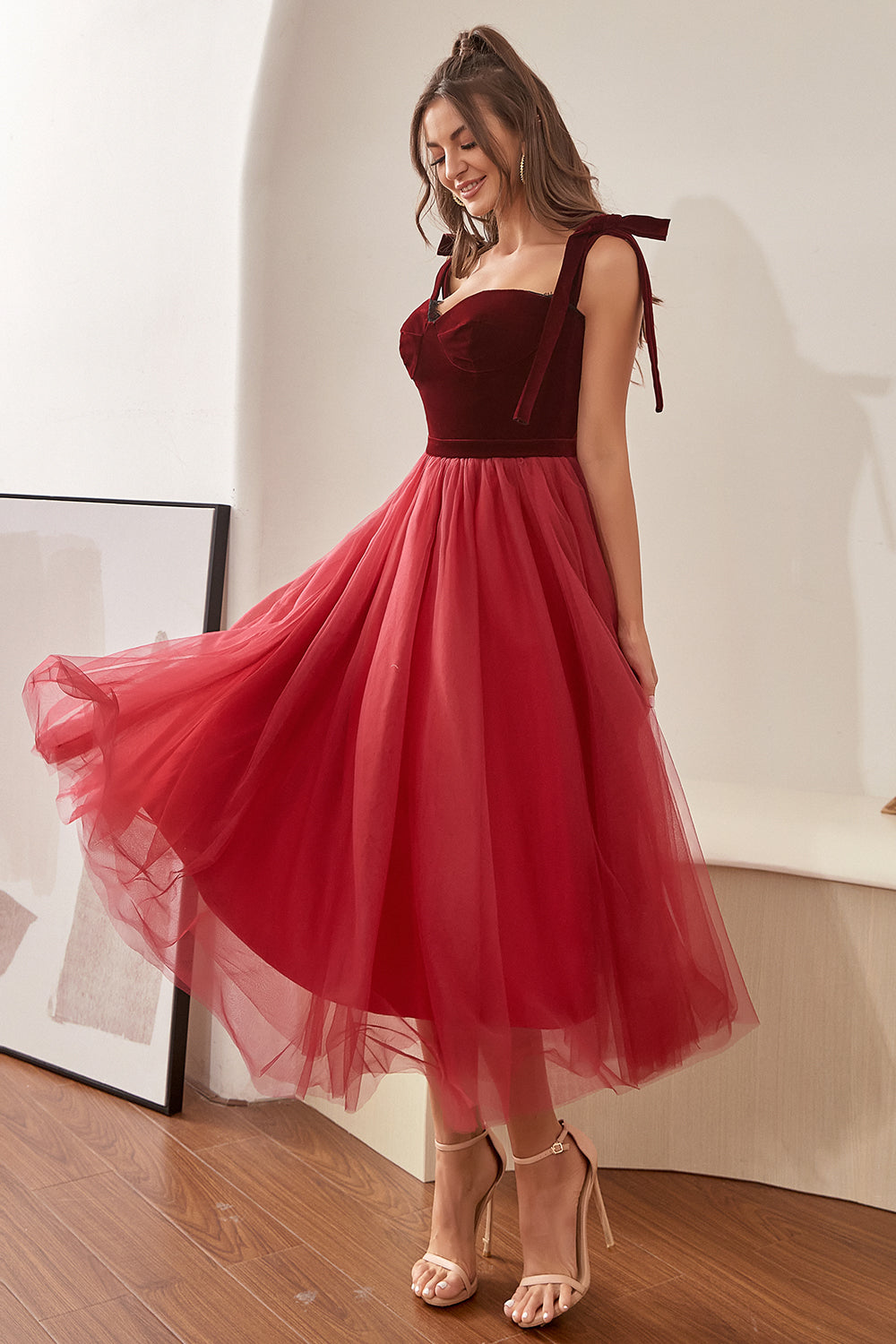 Burgundy Tulle Homecoming Dress with Bowknot - Fashionpara