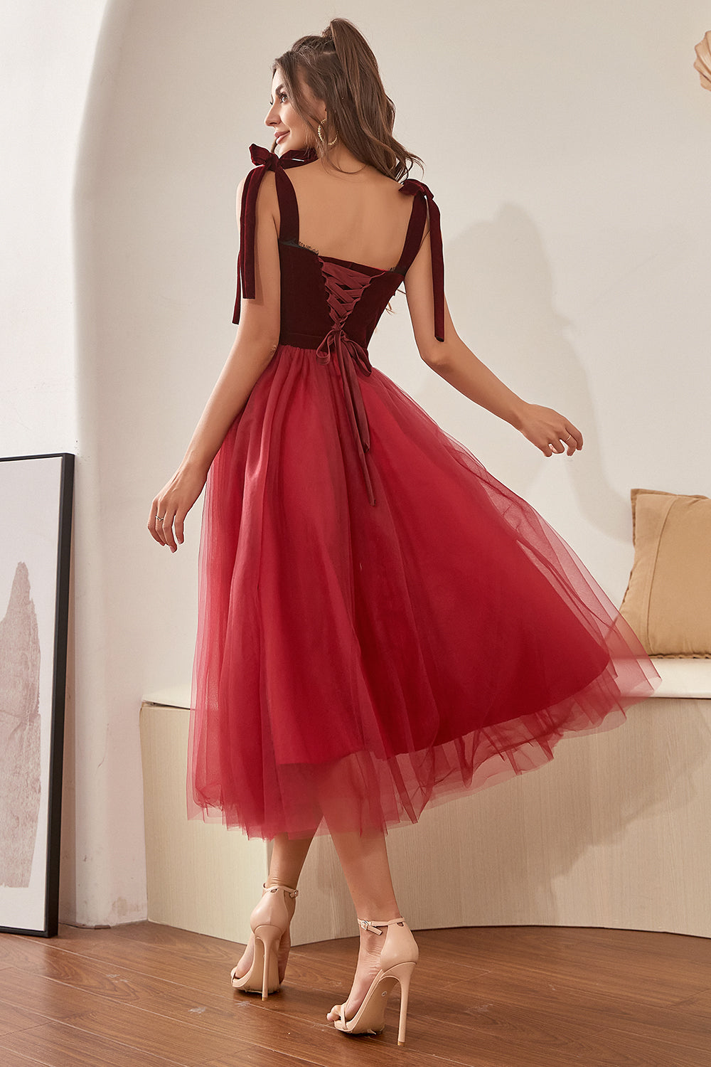 Burgundy Tulle Homecoming Dress with Bowknot - Fashionpara