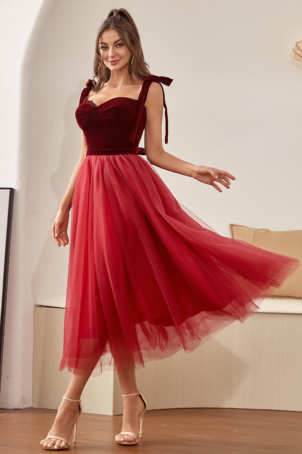 Burgundy Tulle Homecoming Dress with Bowknot - Fashionpara