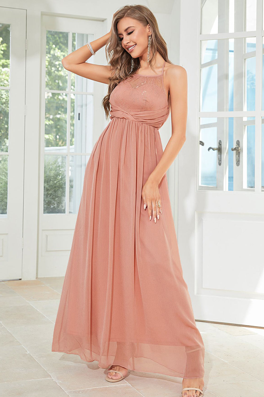 Blush Halter A Line Prom Dress - Fashionpara