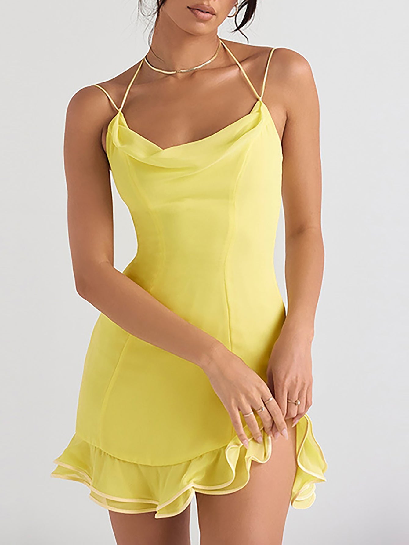 Yellow Halter Spaghetti Straps Graduation Party Dress - Fashionpara