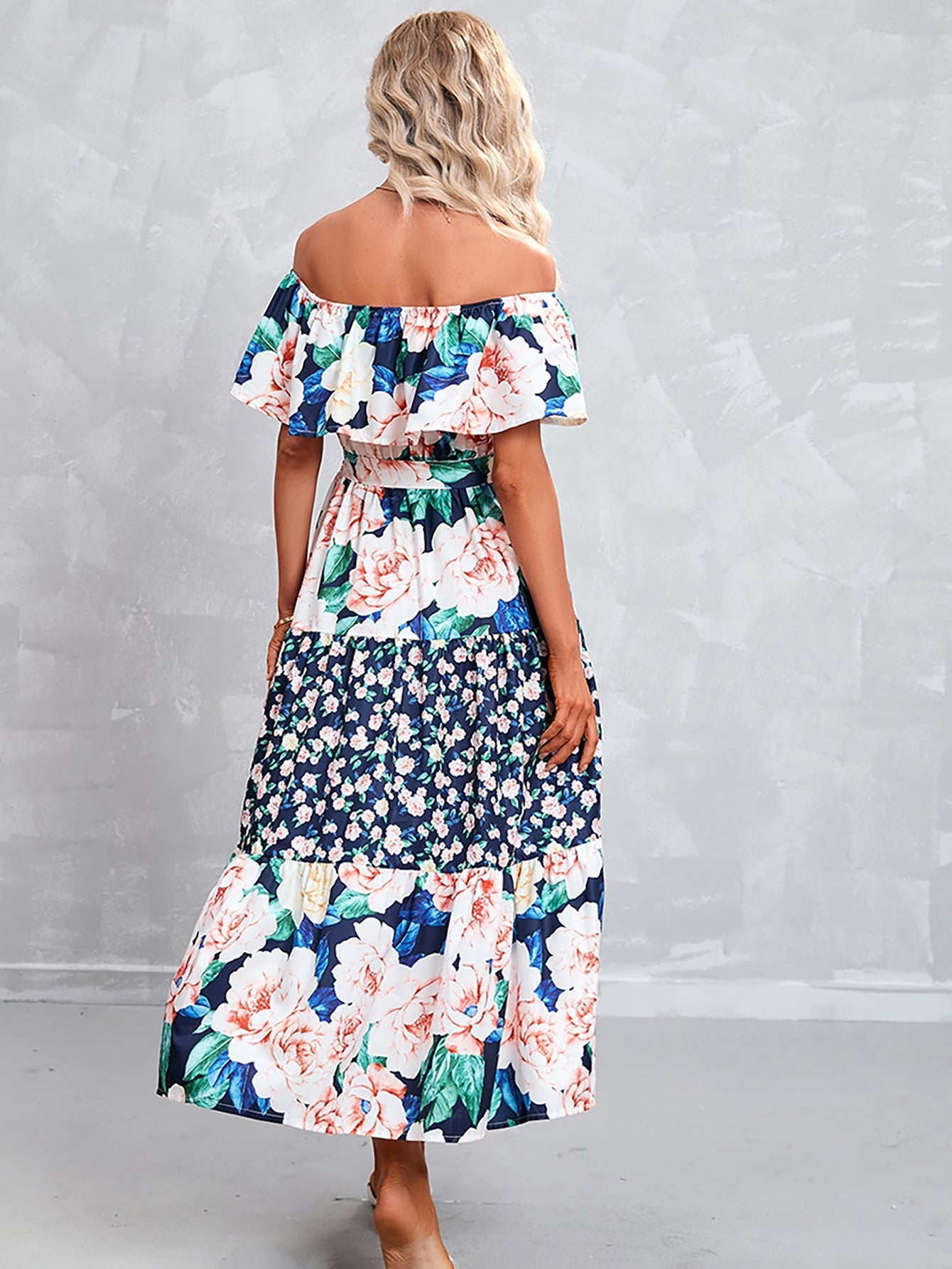 Blue Strapless Off The Shoulder Long Summer Vacation Dress - Fashionpara