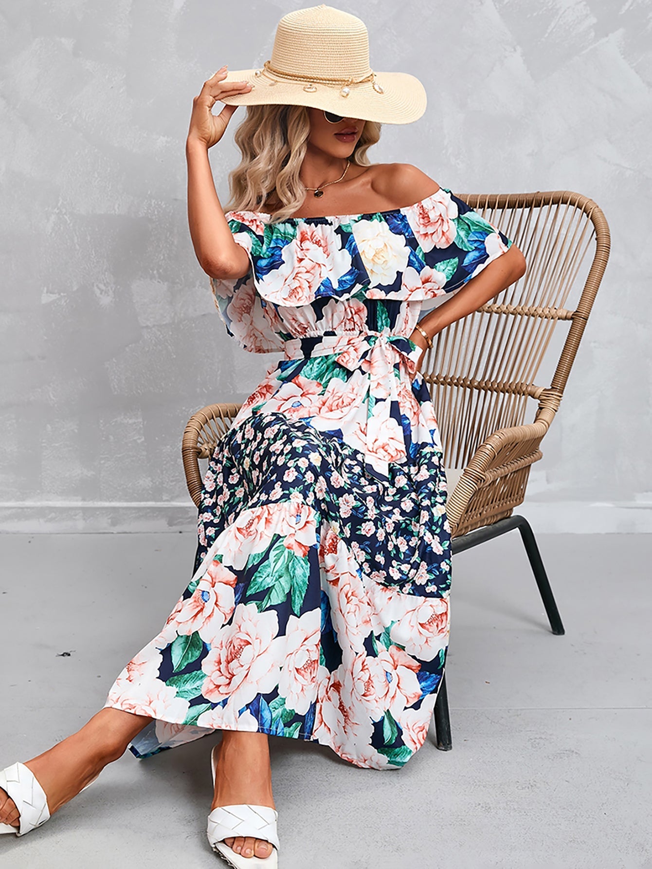 Blue Strapless Off The Shoulder Long Summer Vacation Dress - Fashionpara