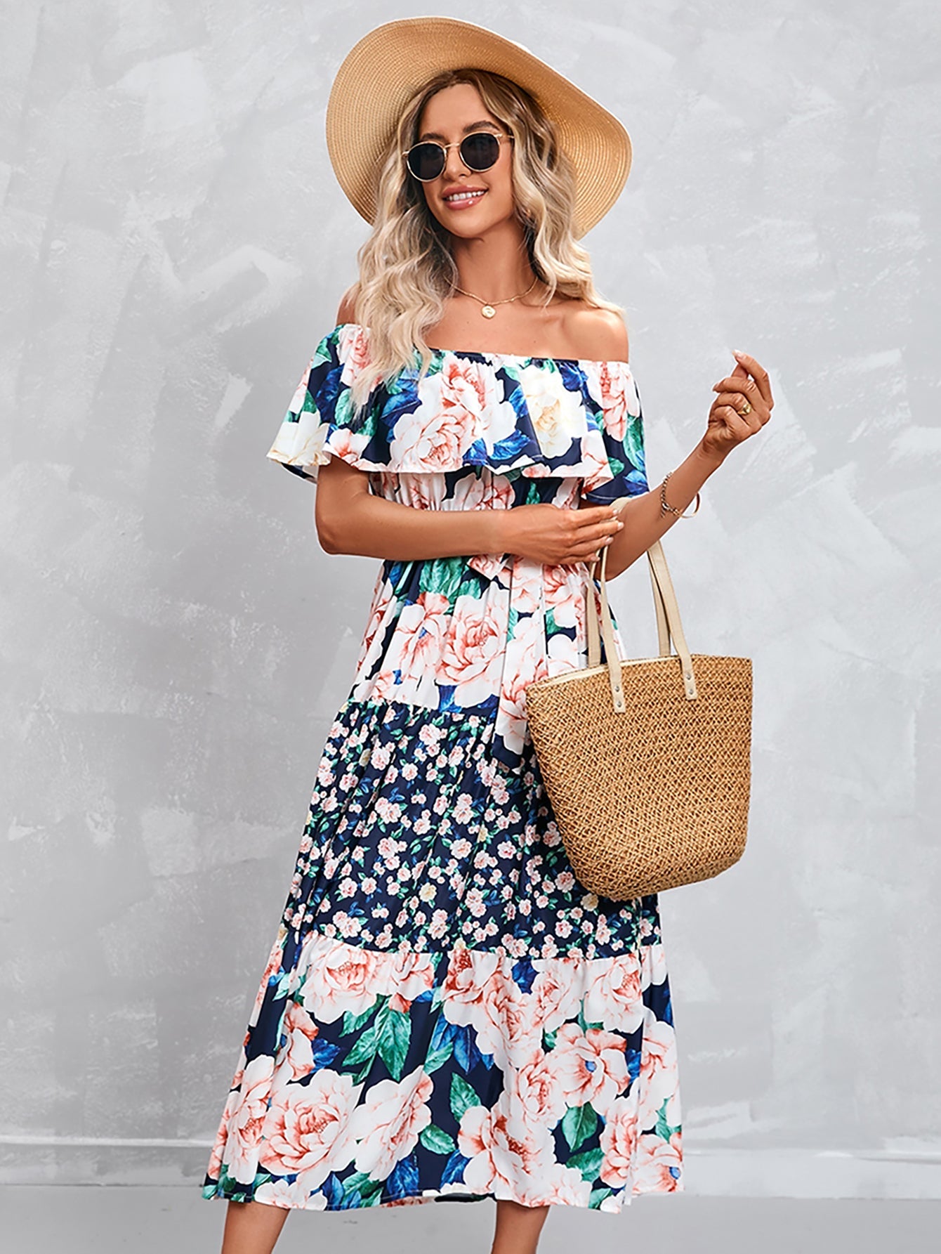 Blue Strapless Off The Shoulder Long Summer Vacation Dress - Fashionpara