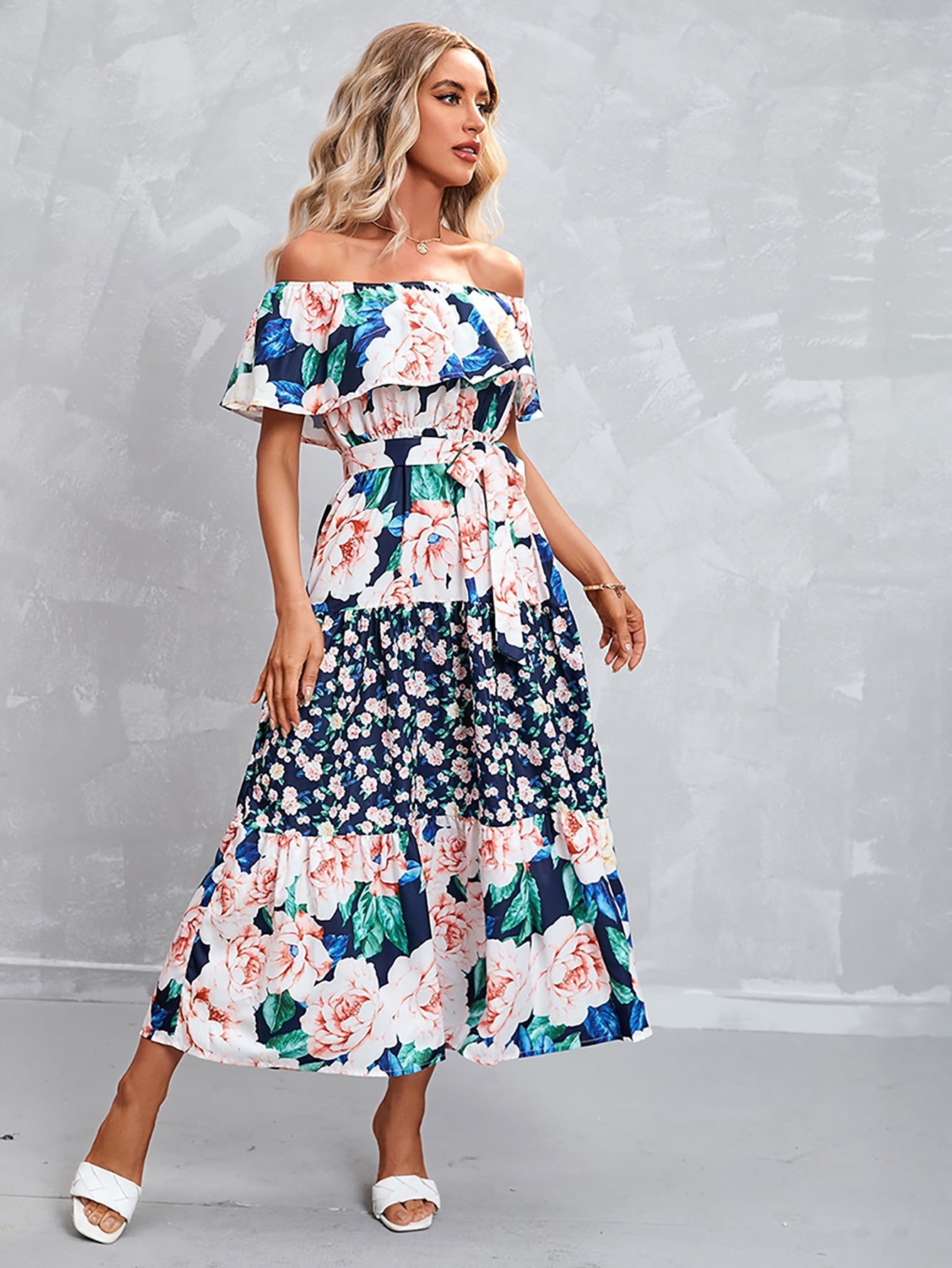 Blue Strapless Off The Shoulder Long Summer Vacation Dress - Fashionpara